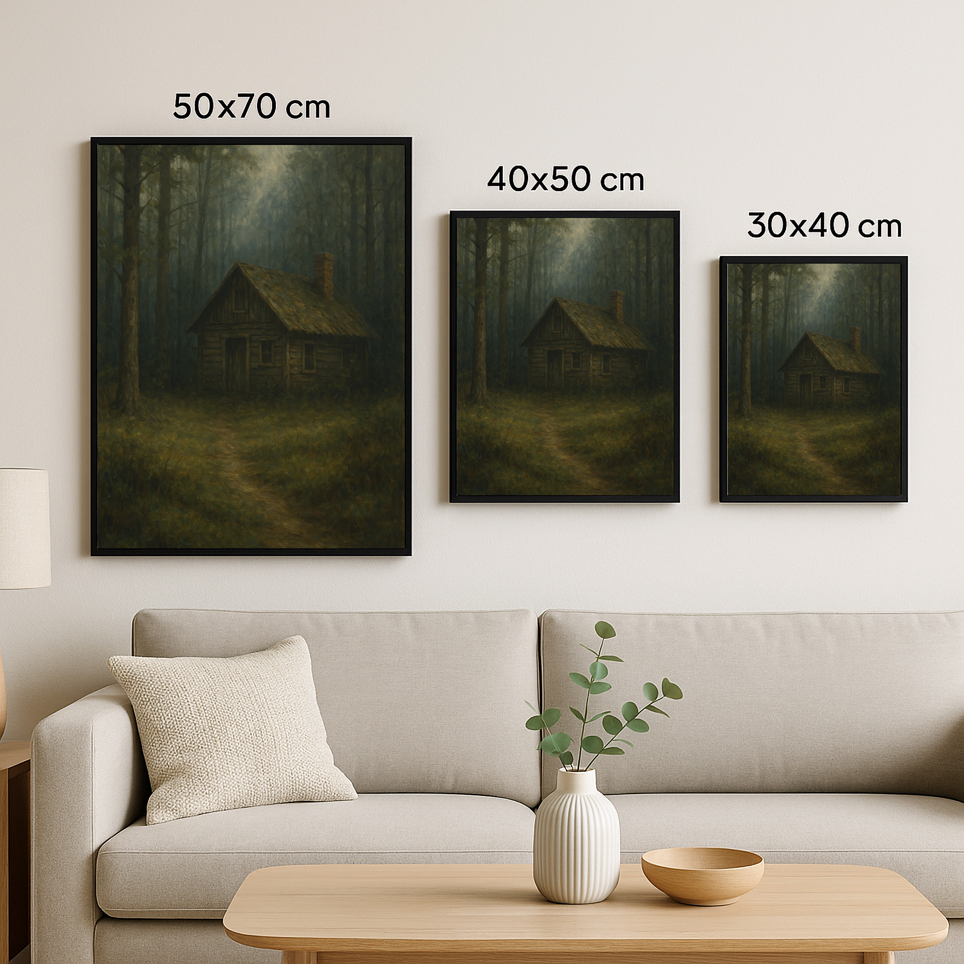 “Ormanın Kalbinde” tablosu, 50x70 cm, 40x50 cm ve 30x40 cm olmak üzere üç farklı boyutta, doğal ahşap tonlarında bir oturma odası ortamında duvarda sergileniyor. Görsel, tablo boyutlarının ölçek farkını gösterirken, huzurlu ve minimalist bir iç mekân atmosferi sunuyor.