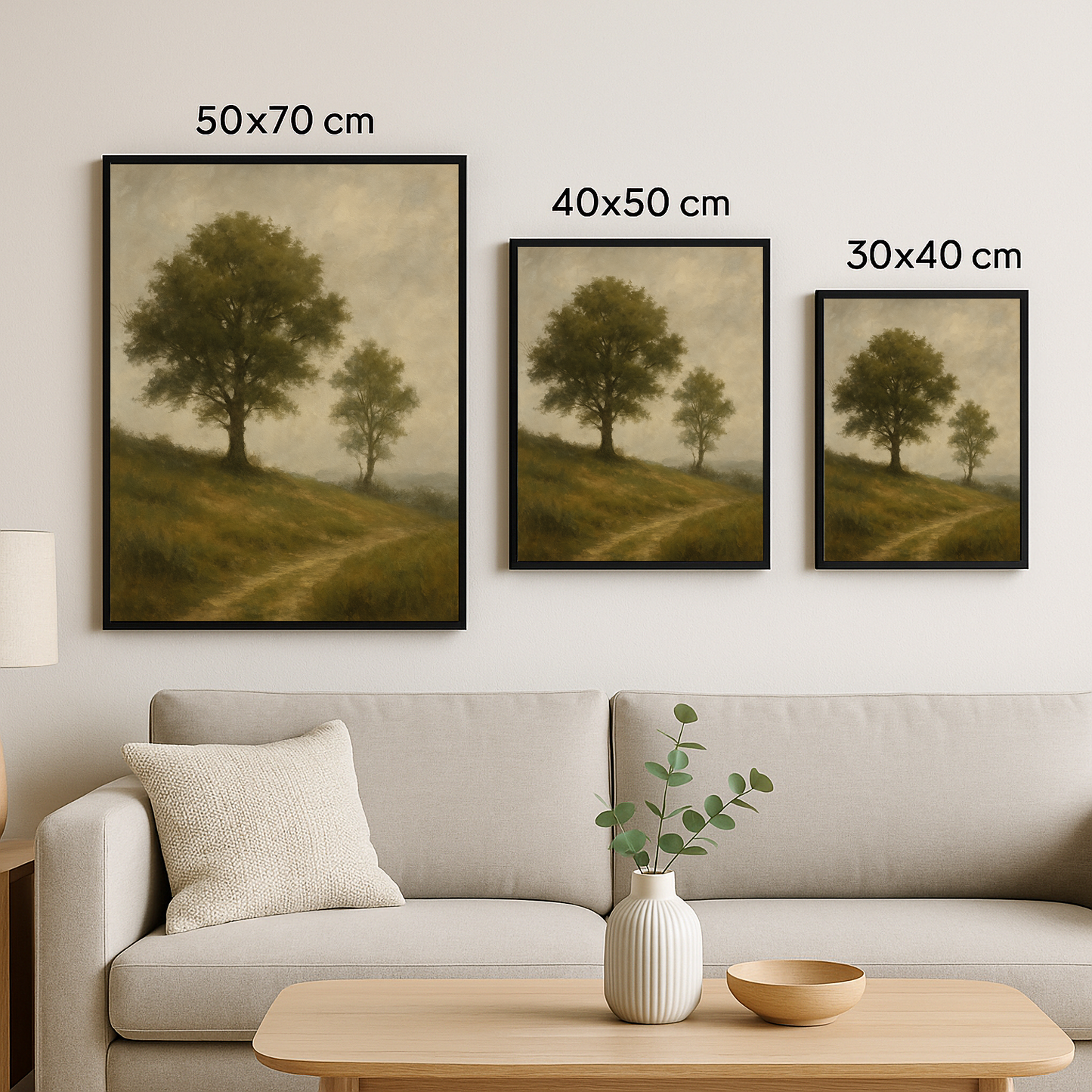 Sessiz Patika tablosunun 50x70, 40x50 ve 30x40 cm boyutlarındaki üçlü duvar görünümü.
