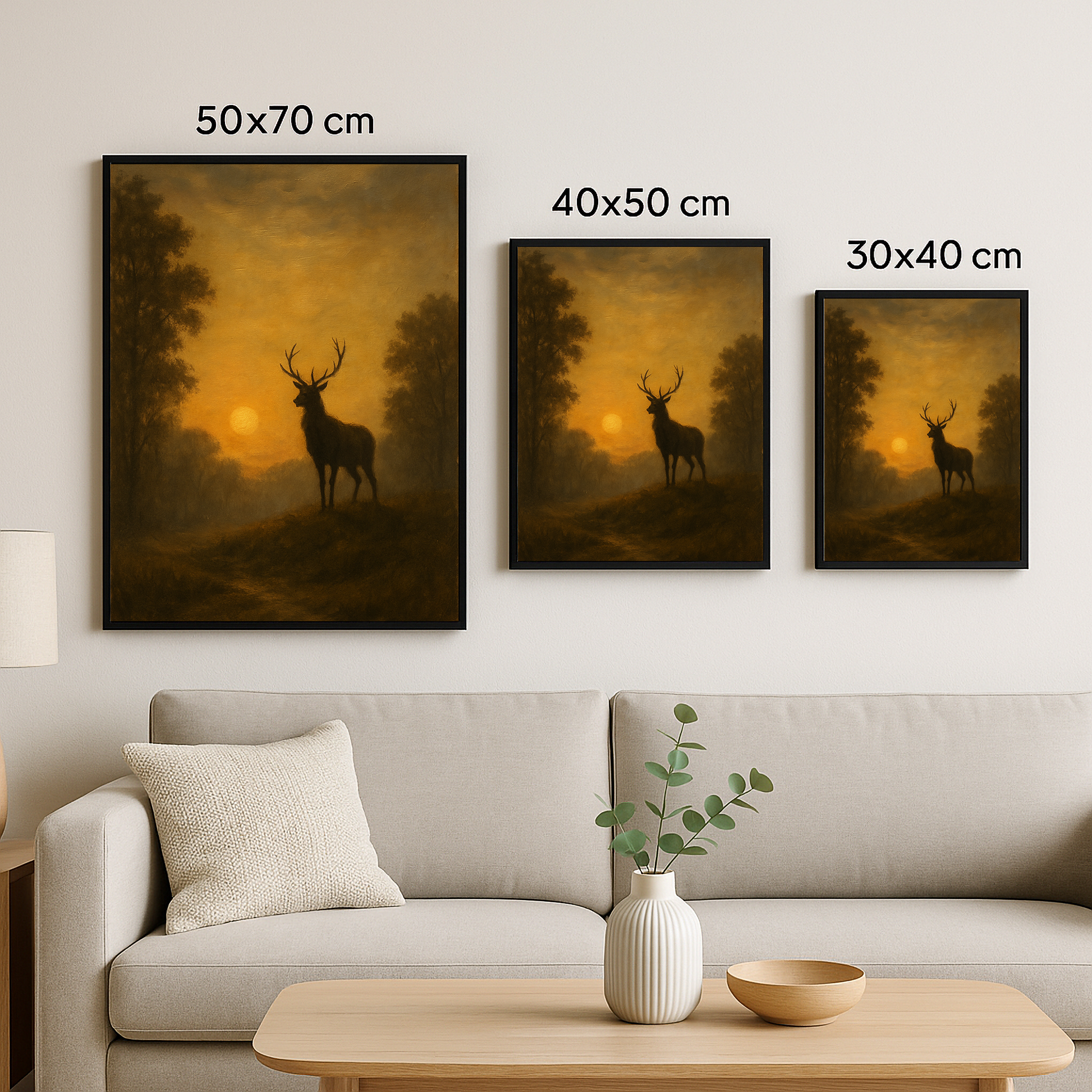 Gün batımında ormanda duran geyiği gösteren 50x70, 40x50 ve 30x40 boyutlarındaki doğa temalı tablolar