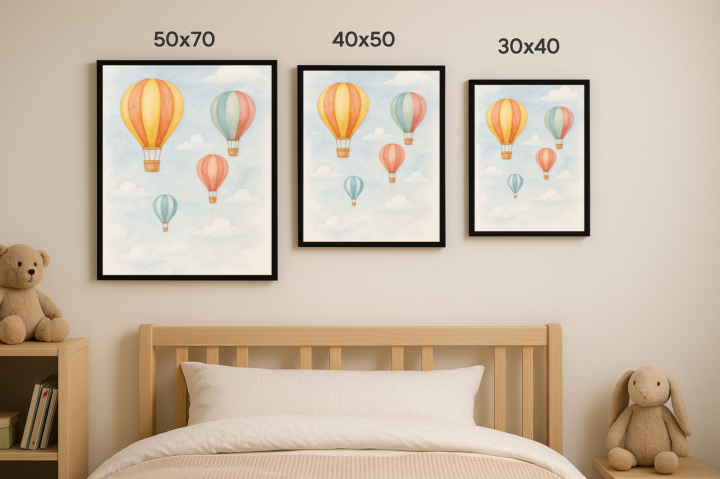 Üç farklı boyutta sunulan, pastel renkli uçan balon illüstrasyonlu tablolar çocuk odası duvarında sergileniyor.
