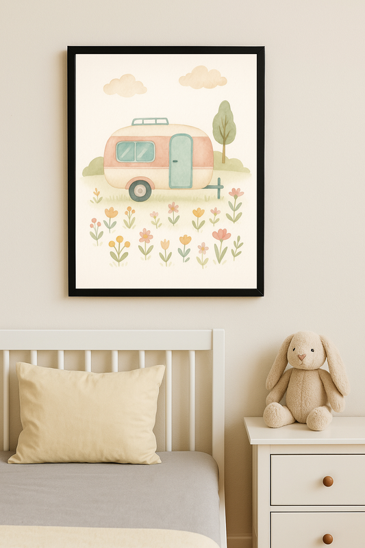 Çiçekler içinde duran pastel tonlu karavan illüstrasyonlu tablo.