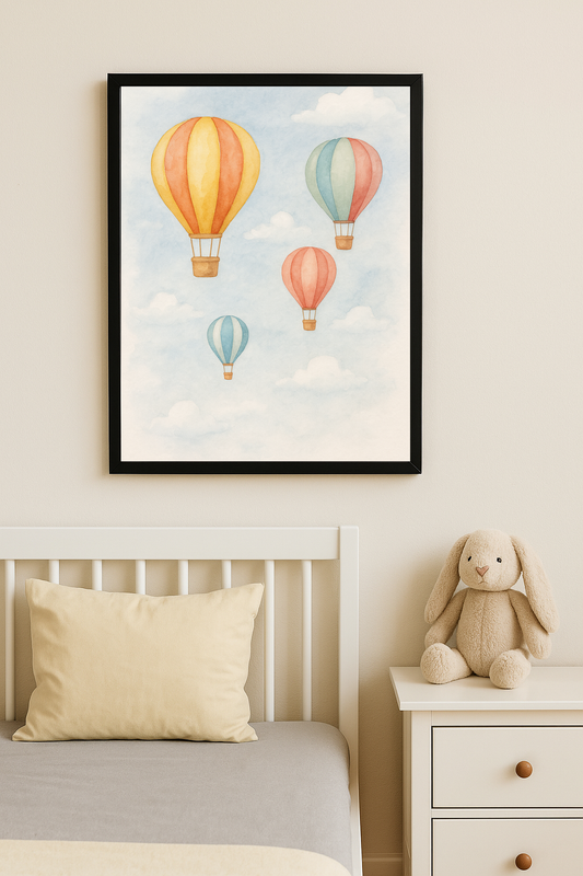 Çocuk odasında duvara asılmış, pastel tonlarda uçan balon çizimi içeren bir tablo.