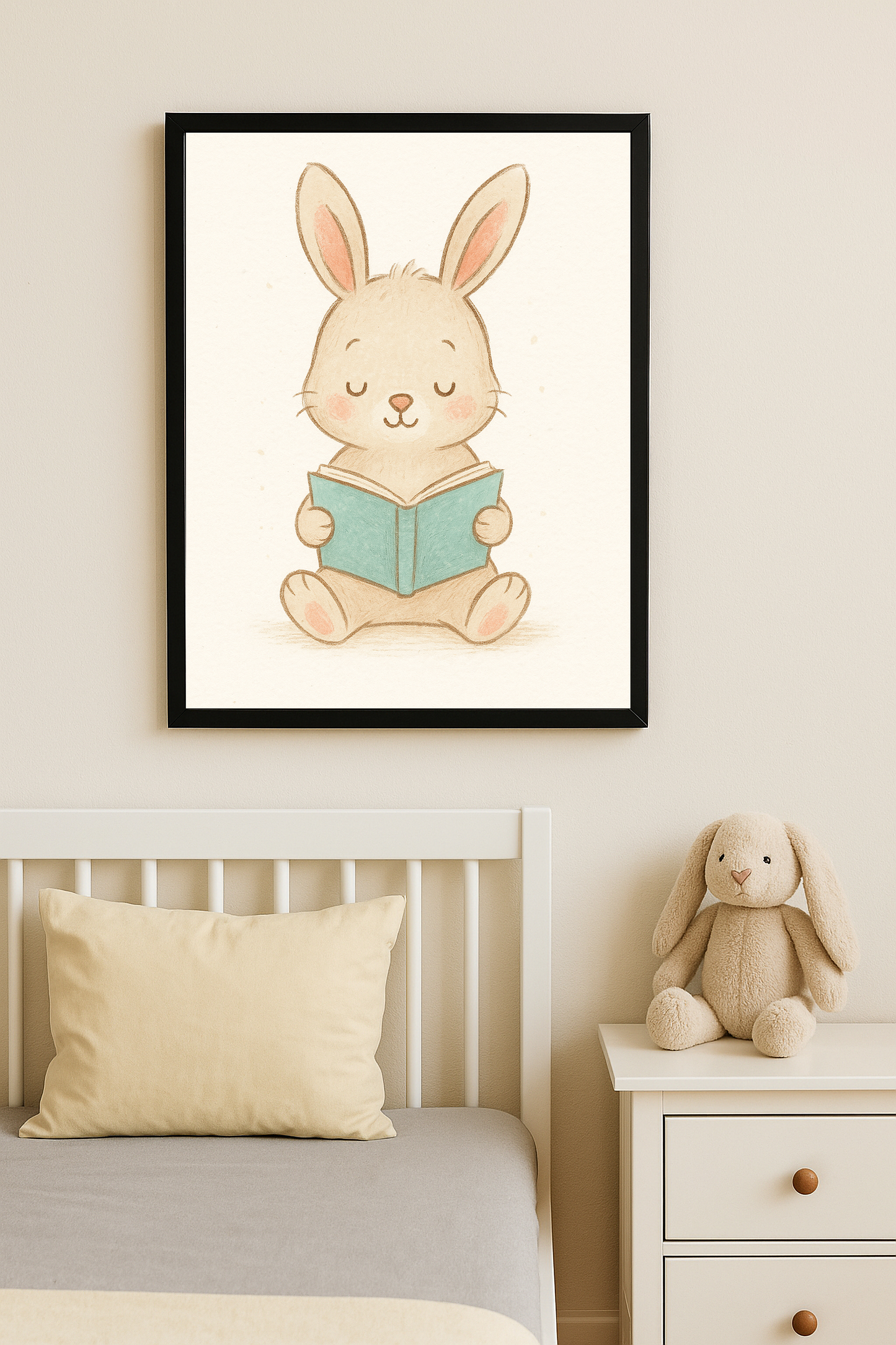 Kitap okuyan sakin bir tavşanın çizildiği pastel tonlarda çocuk tablosu.