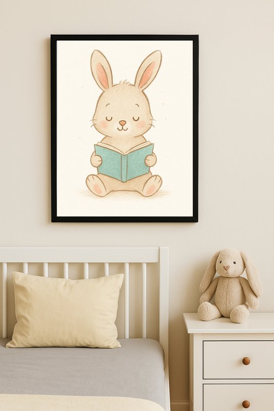 Kitap okuyan sakin bir tavşanın çizildiği pastel tonlarda çocuk tablosu.