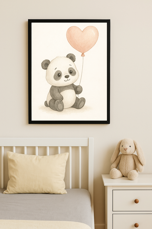 Kalp şeklinde balon tutan sevimli panda figürlü tablo, çocuk odası için ideal.