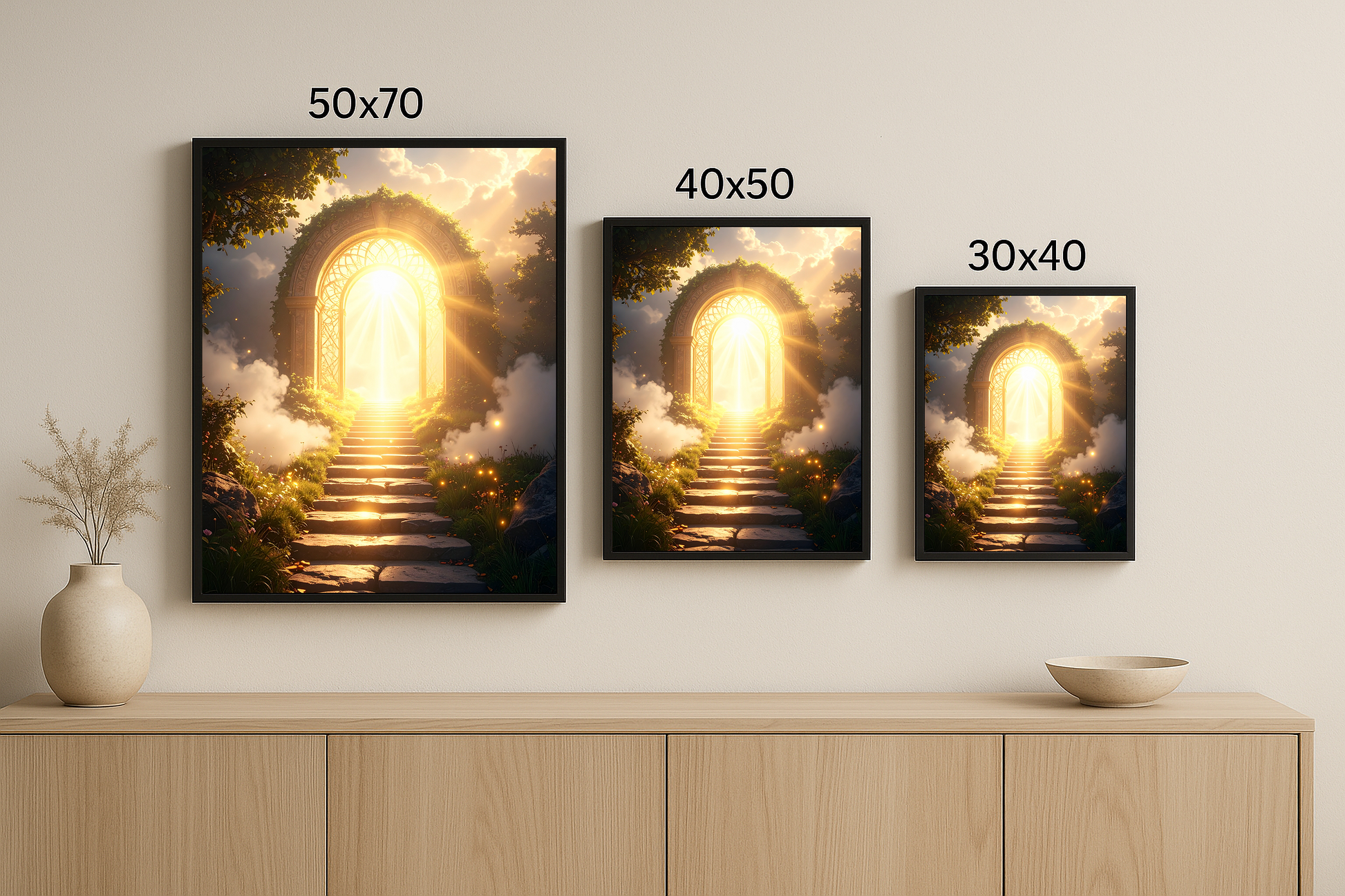 “Cennetin Eşiği” tablosu, 50x70, 40x50 ve 30x40 cm olmak üzere üç farklı çerçeveli boyutta sunuluyor. Işık, merdiven ve doğa detaylarıyla dikkat çeken manevi bir sahne.
