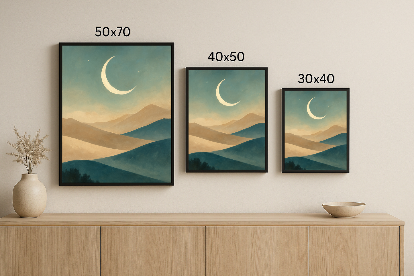 Hilal manzaralı “Hilal ve Ufkun Duası” tablosu 50x70, 40x50 ve 30x40 cm boyutlarında sunuluyor. Çerçeveli olarak gösterilen üçlü tablo yerleşimi.