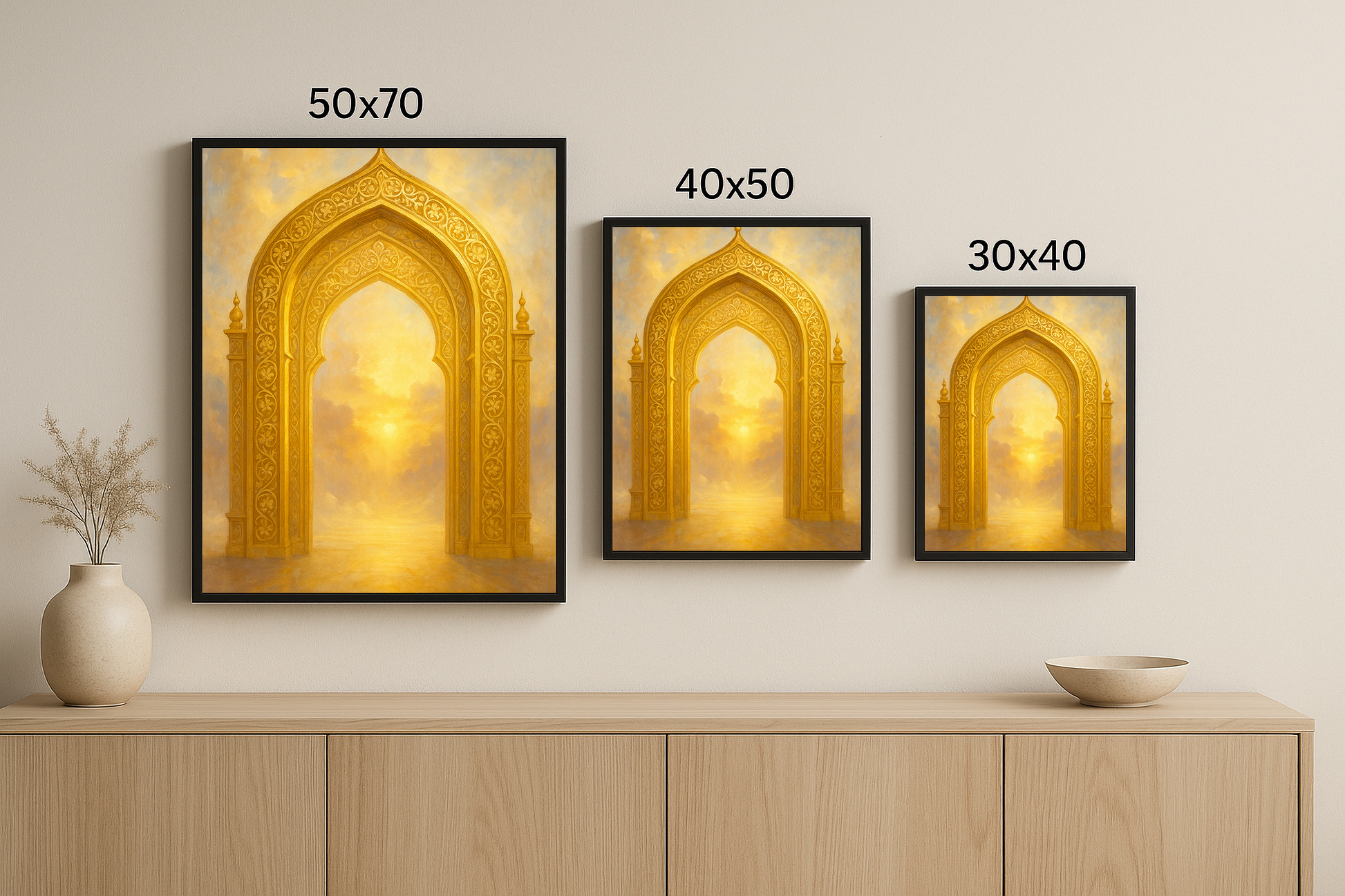 “Işıkla Açılan Dua” tablosu, 50x70, 40x50 ve 30x40 cm boyutlarıyla üç farklı çerçevede sunuluyor. Zarif mimari ve ışık birleşimiyle spiritüel bir atmosfer yaratır.
