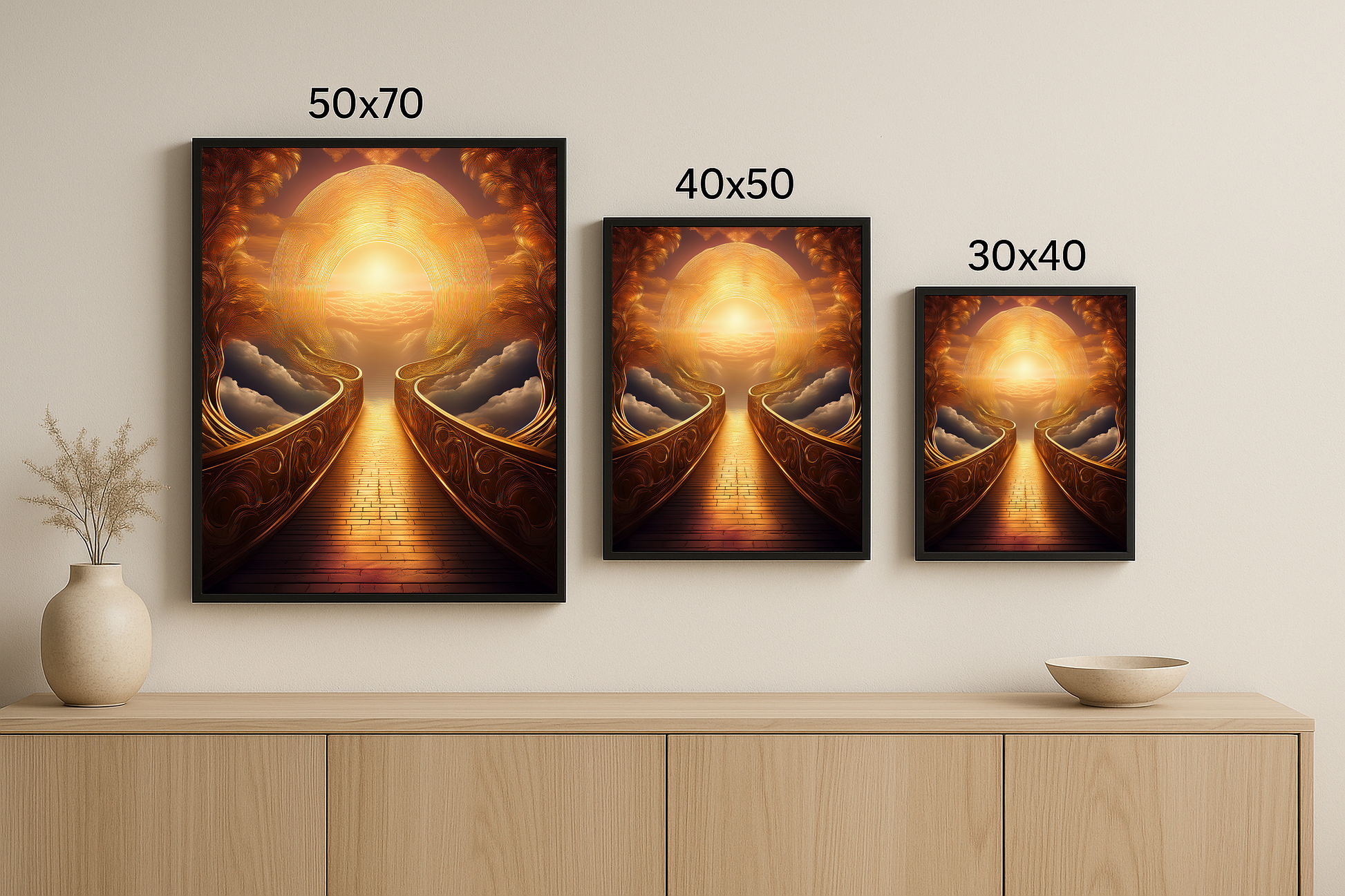 “Altından Yolculuk” tablosu, 50x70, 40x50 ve 30x40 cm boyutlarında sunuluyor. Göksel geçit ve ışık dolu yol temalı üçlü sunum.