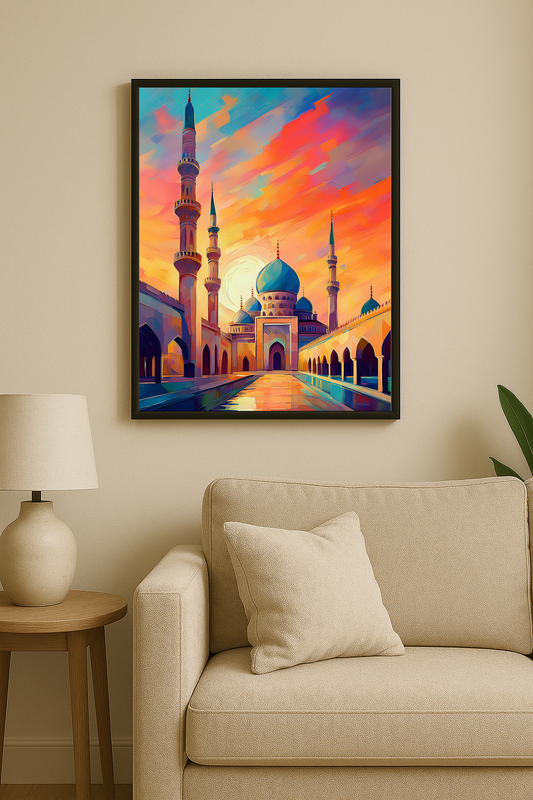 Gün batımında canlı renklerle tasvir edilmiş cami manzarası. İlahi Dokunuşlar koleksiyonundan “Günün Duası” tekli tablo sunumu.
