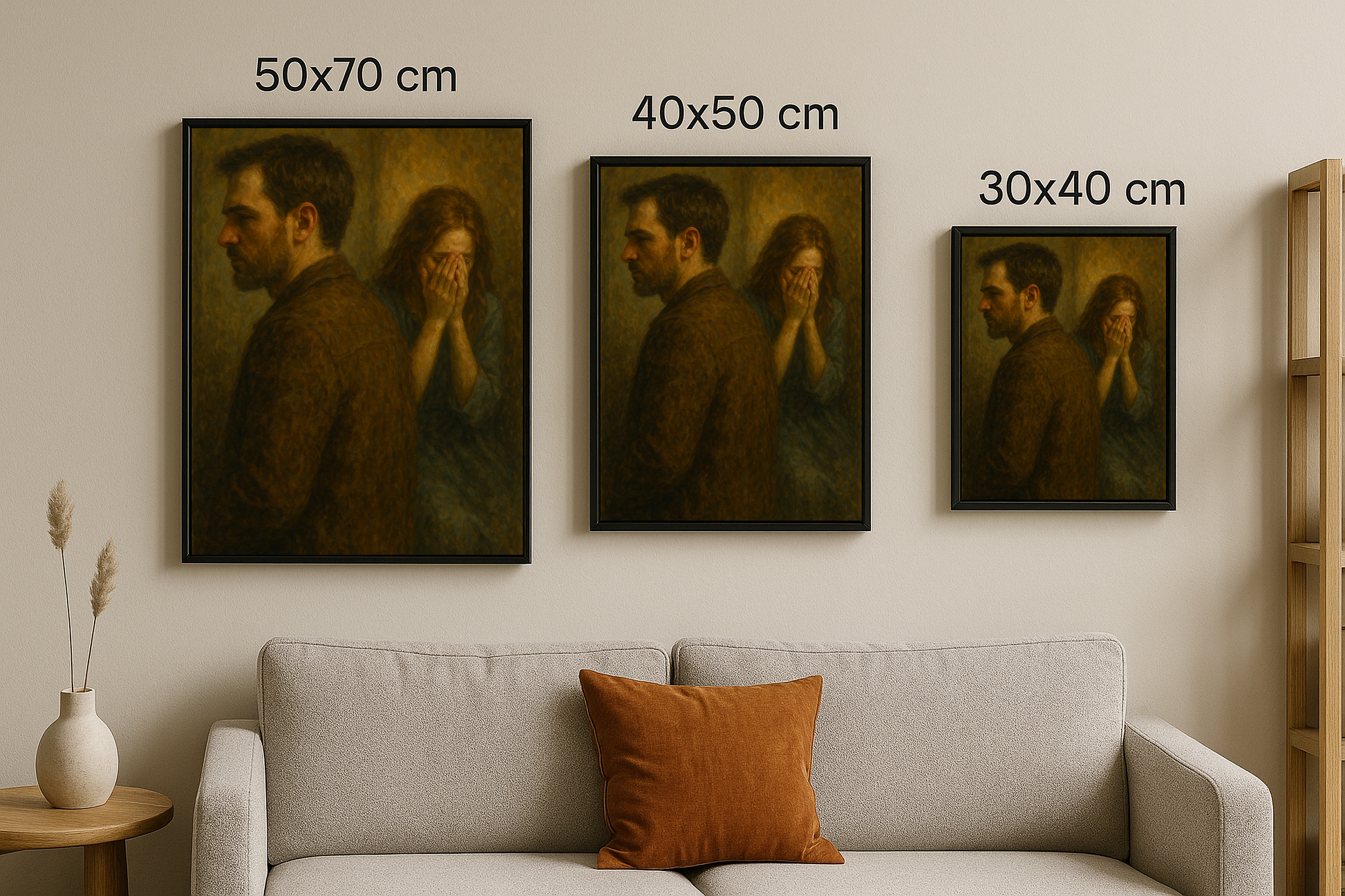 “Aramızda Kalanlar” tablosu, 50x70, 40x50 ve 30x40 cm boyutlarında çerçeveli olarak sunuluyor. Duygusal kopuş teması üçlü sunumla sergileniyor.