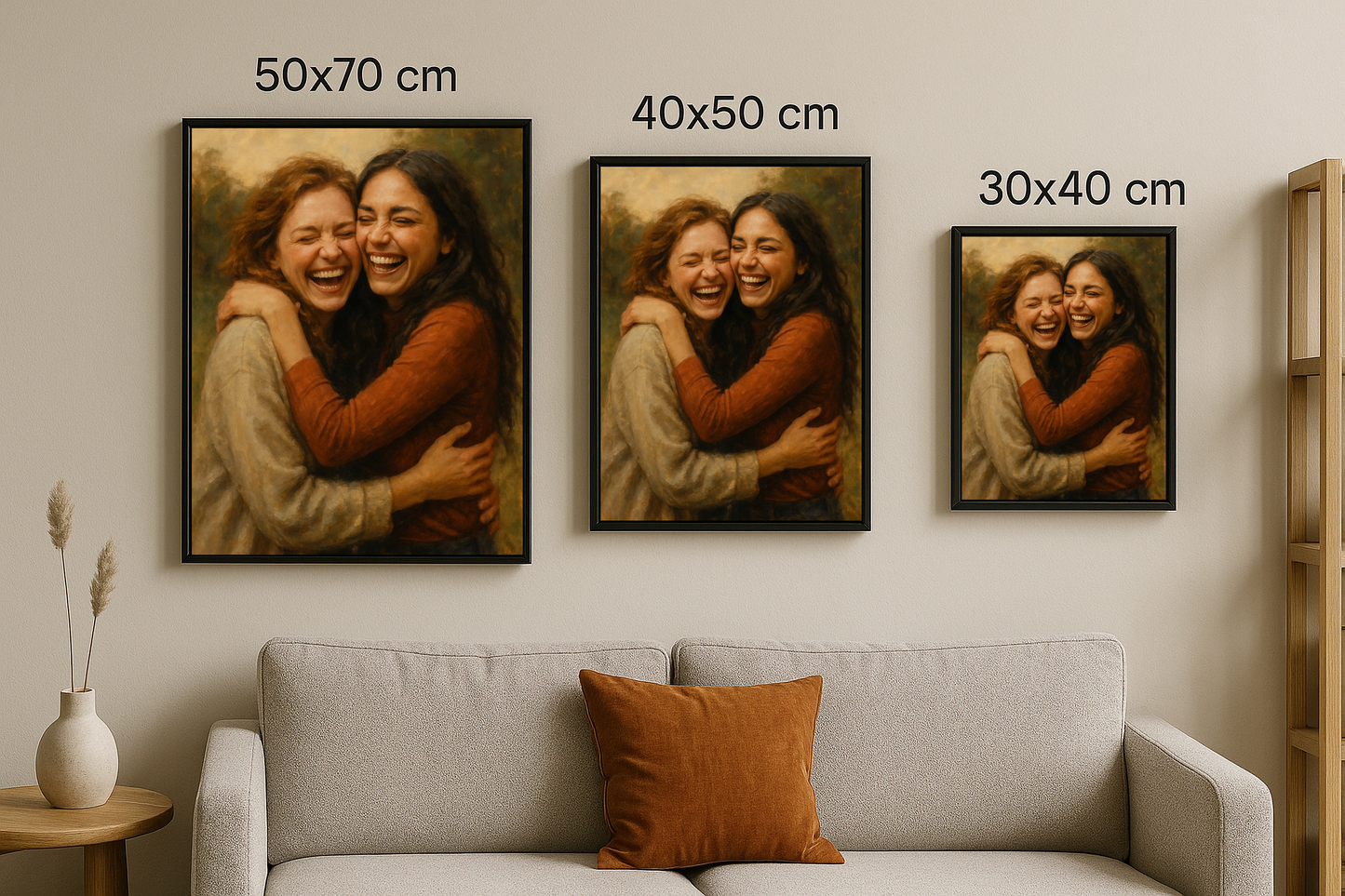 Eski fotoğrafa bakan adam portresi, 50x70, 40x50 ve 30x40 cm boyutlarında çerçeveli tablo olarak duvarda yan yana sergileniyor.