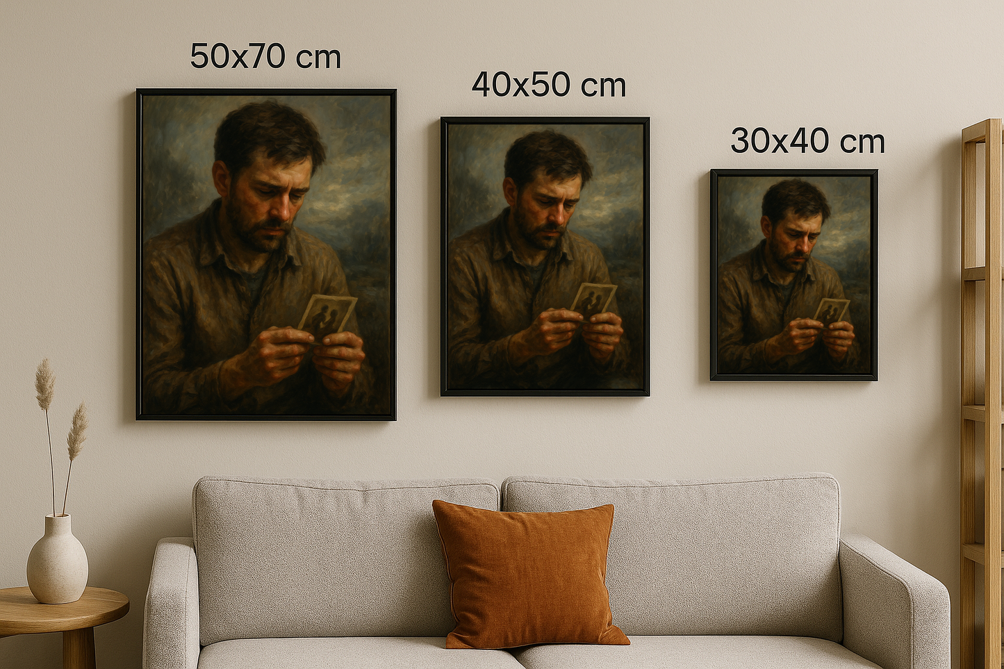 Fotoğrafa bakan adam temalı tablo, 50x70, 40x50 ve 30x40 cm boyutlarında çerçeveli olarak sergileniyor