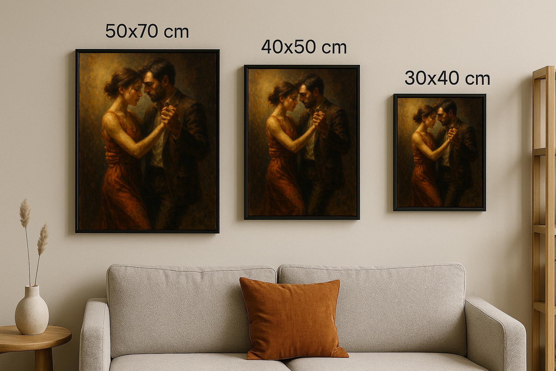 Dans eden bir çiftin yer aldığı romantik tablo, 30x40, 40x50 ve 50x70 cm olmak üzere üç farklı boyutta çerçeveli halde duvara asılmış şekilde gösteriliyor.