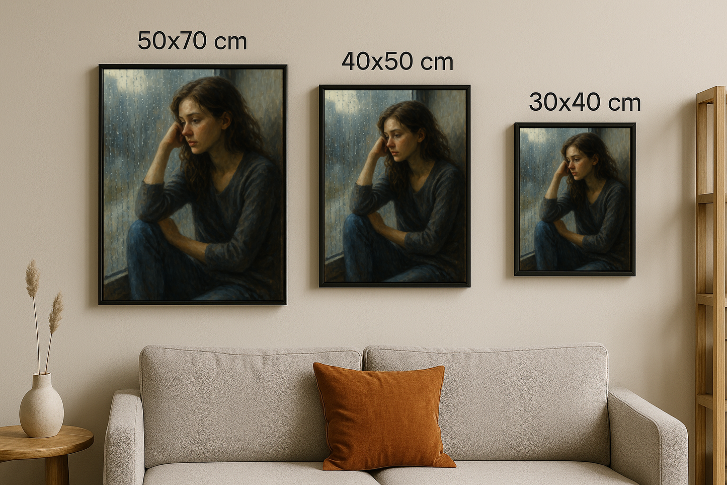 Sessiz Düşünceler tablosu, 50x70, 40x50 ve 30x40 cm boyutlarında çerçeveli şekilde üçlü olarak duvara asılı şekilde sergileniyor