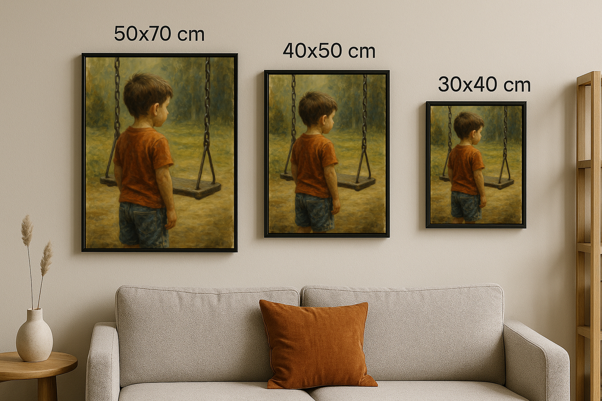 “Boş Salıncak” tablosu 50x70, 40x50 ve 30x40 cm olmak üzere üç farklı çerçeveli boyutta sunuluyor. Çocuk ve yalnızlık temalı üçlü tablo sunumu.