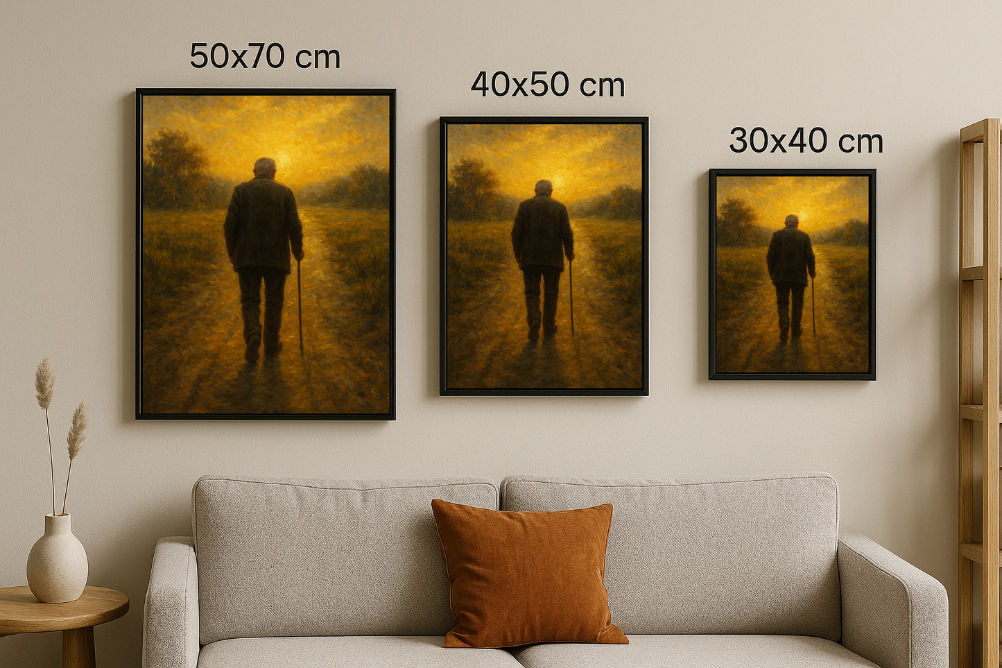 “Son Işık” tablosu, 50x70, 40x50 ve 30x40 cm boyutlarında çerçeveli olarak sunuluyor. Güneşe yürüyen figür teması üç farklı boyutta sergileniyor.