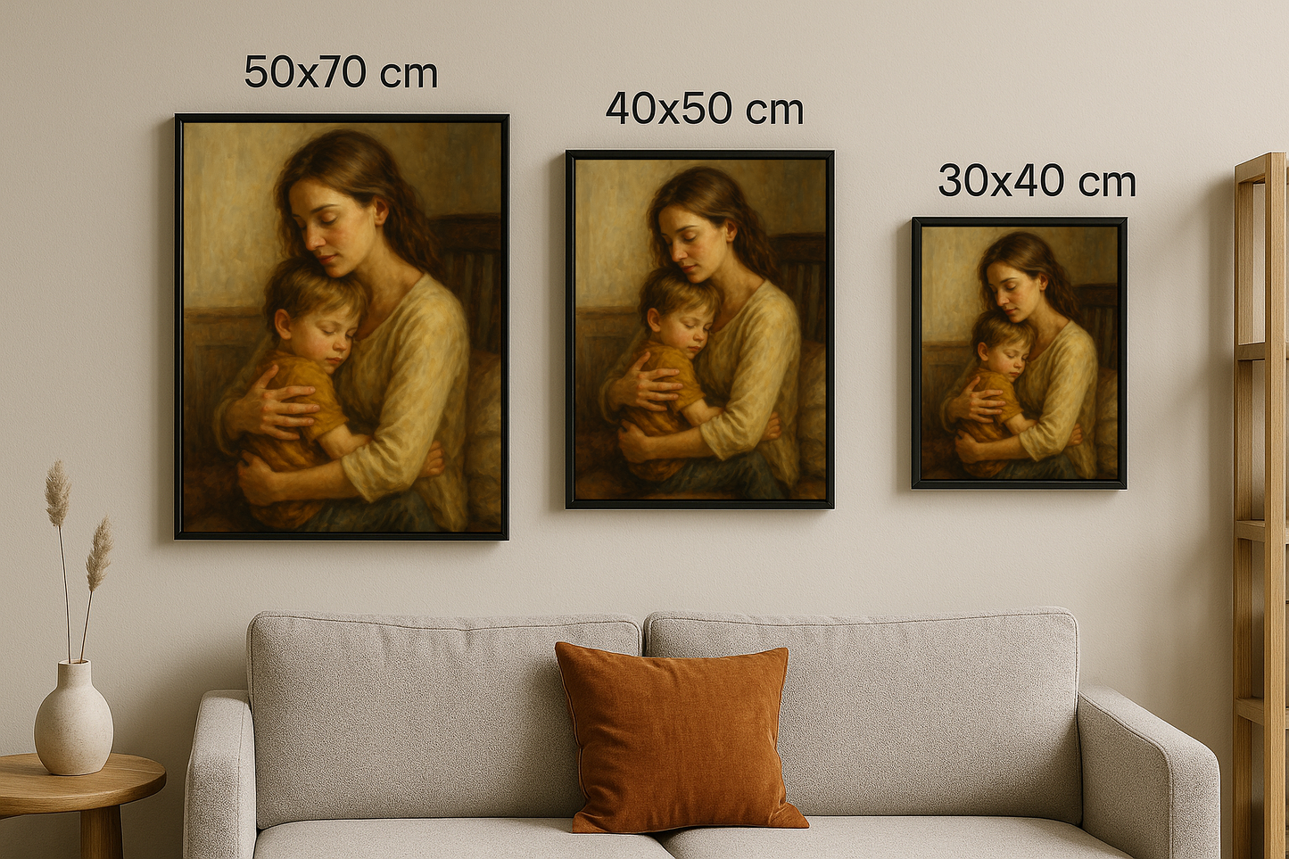 Anne Kucağı tablosunun 50x70, 40x50 ve 30x40 cm boyutlarındaki üç versiyonu yanyana duvarda asılı şekilde