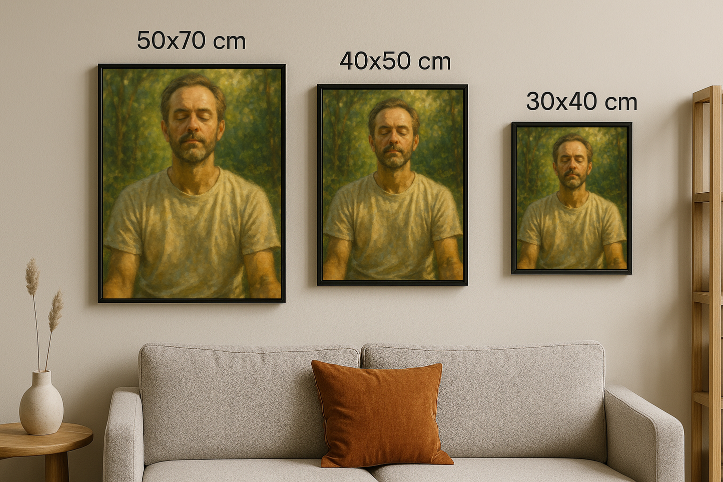 İçsel Sessizlik tablosu, 50x70, 40x50 ve 30x40 cm boyutlarında çerçeveli olarak üçlü sunumla duvara asılmış şekilde gösteriliyor.