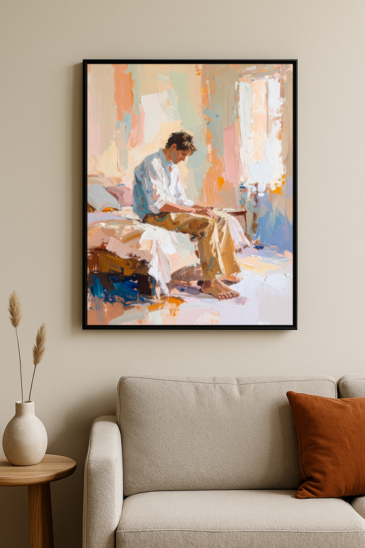 Pastel renklerle çizilmiş yatakta oturan erkek figürlü tablo, modern salonda sergileniyor.