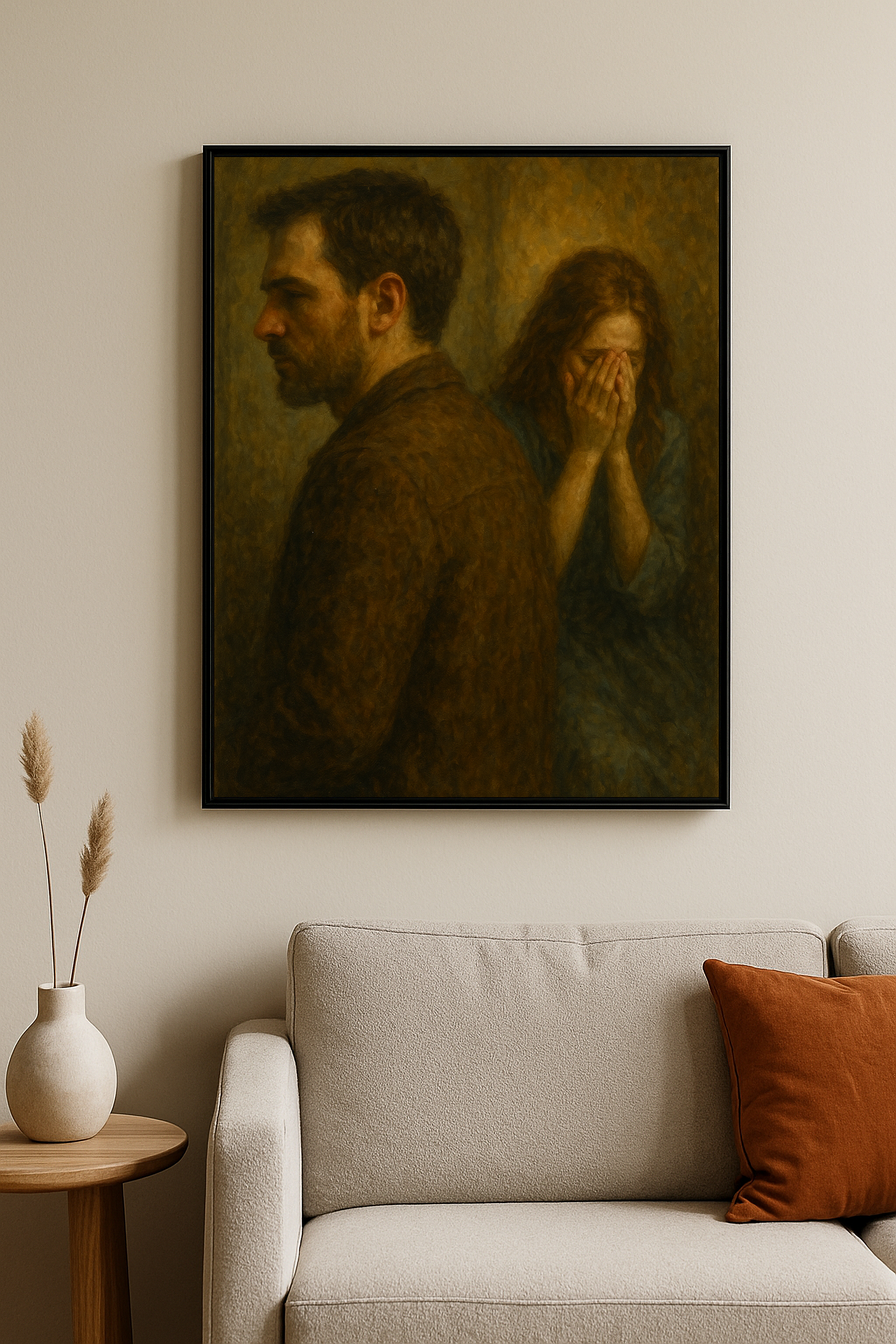 Yüzü elleriyle kapalı bir kadın ve sırtını dönmüş bir adam figürlü tablo. İnsan ve Duygu koleksiyonundan “Aramızda Kalanlar”.