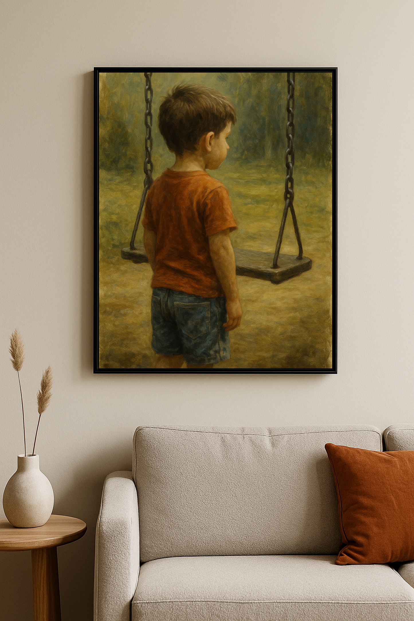Boş bir salıncağa bakan yalnız çocuk figürlü tablo. İnsan ve Duygu koleksiyonundan “Boş Salıncak”.