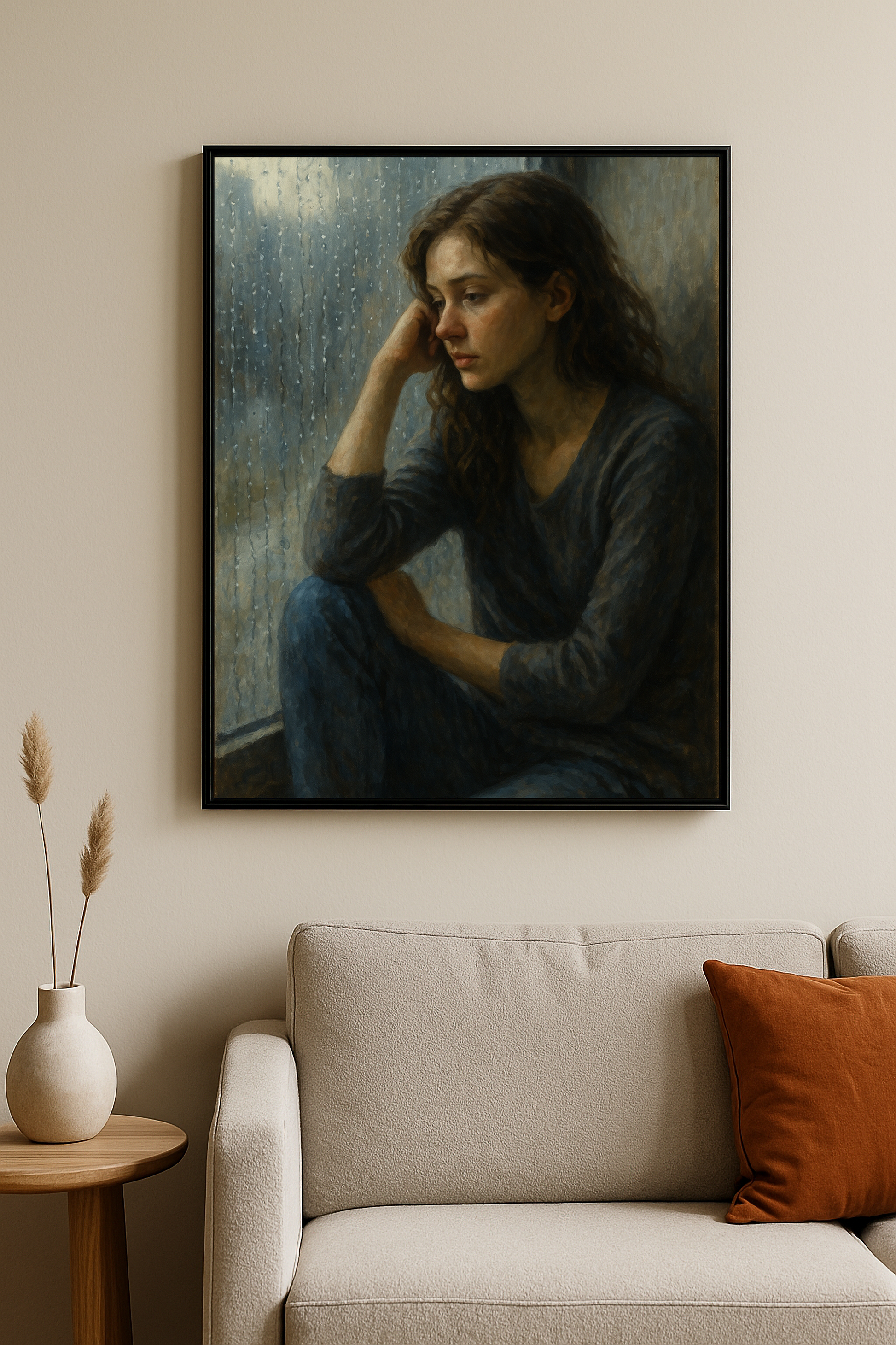 Yağmurlu bir günde pencere kenarında oturmuş, içine kapanmış bir kadının duvarda asılı tablosu