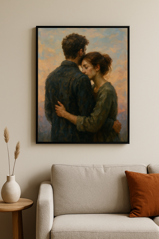 Gün batımı fonunda birbirine sarılmış çiftin yer aldığı duygusal tablo, bej duvarlı ve modern dekore edilmiş bir salonda, 50x70 cm siyah çerçeveli olarak sergileniyor.