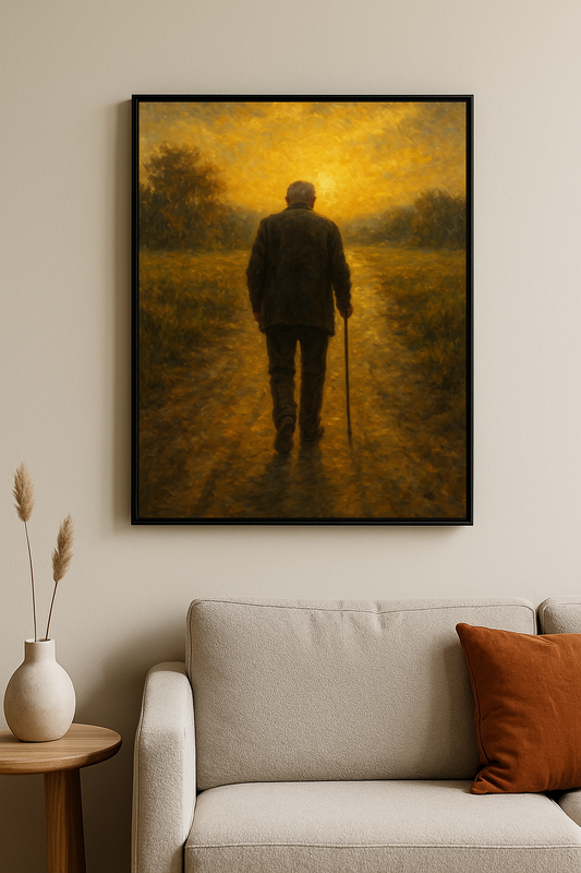 Güneşe doğru yürüyen yaşlı bir adamı gösteren, bastonlu duygusal tablo. İnsan ve Duygu koleksiyonundan “Son Işık”.