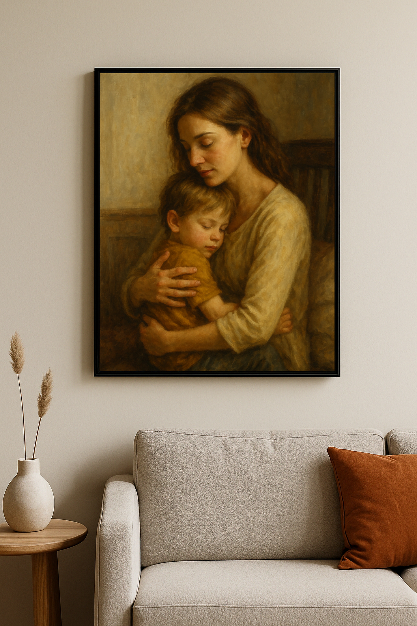 Çocuğunu kucağında tutan bir annenin sıcak ve huzurlu tablosu