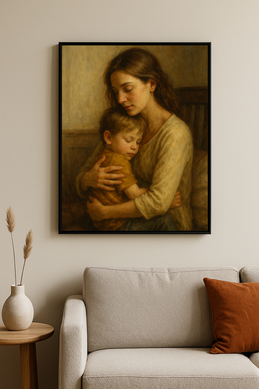 Çocuğunu kucağında tutan bir annenin sıcak ve huzurlu tablosu