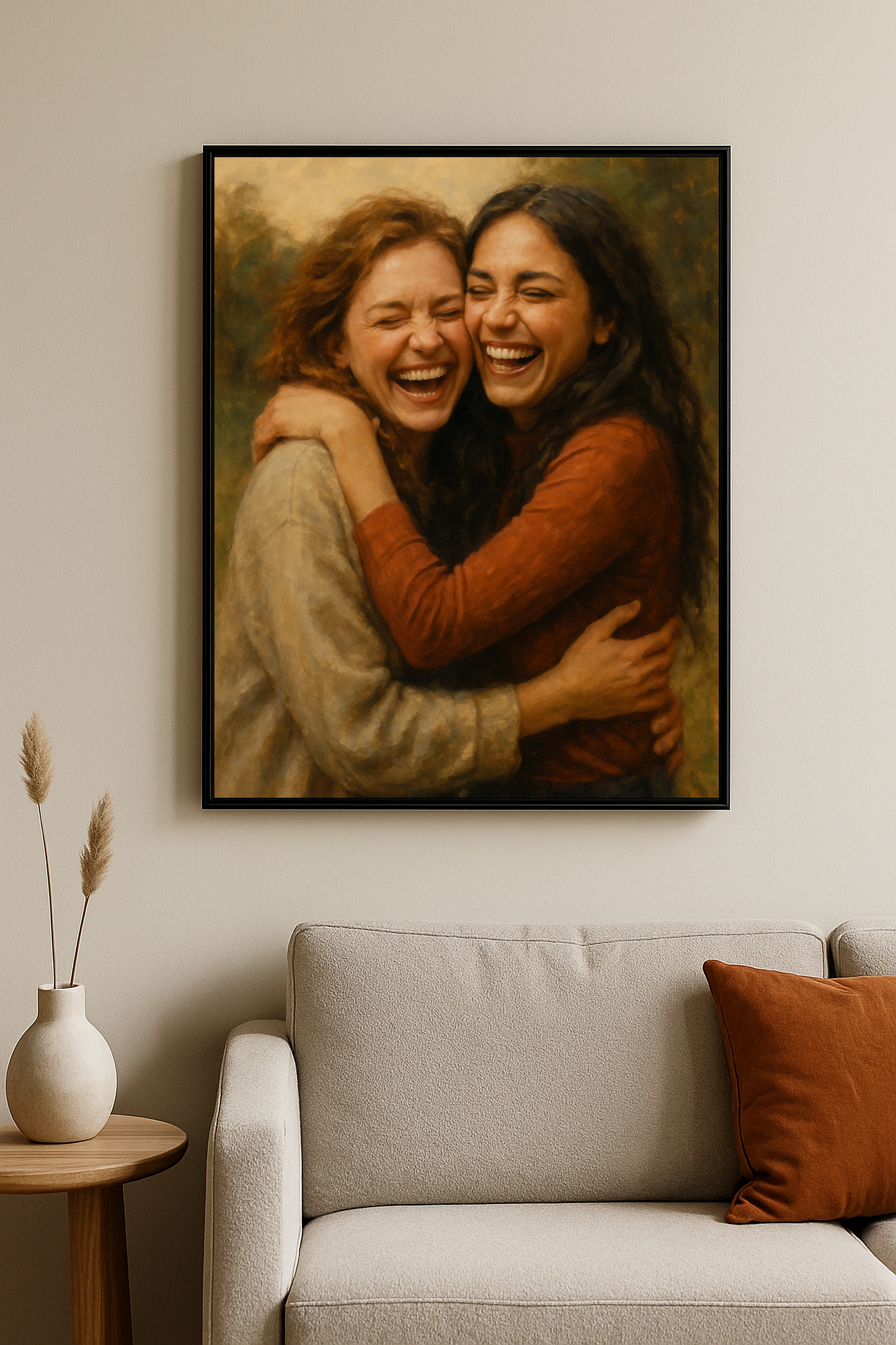 Soluk tonlarla çizilmiş, eski bir fotoğrafa bakan hüzünlü adamın betimlendiği tablo, modern bir salonda 50x70 cm boyutunda sergileniyor.