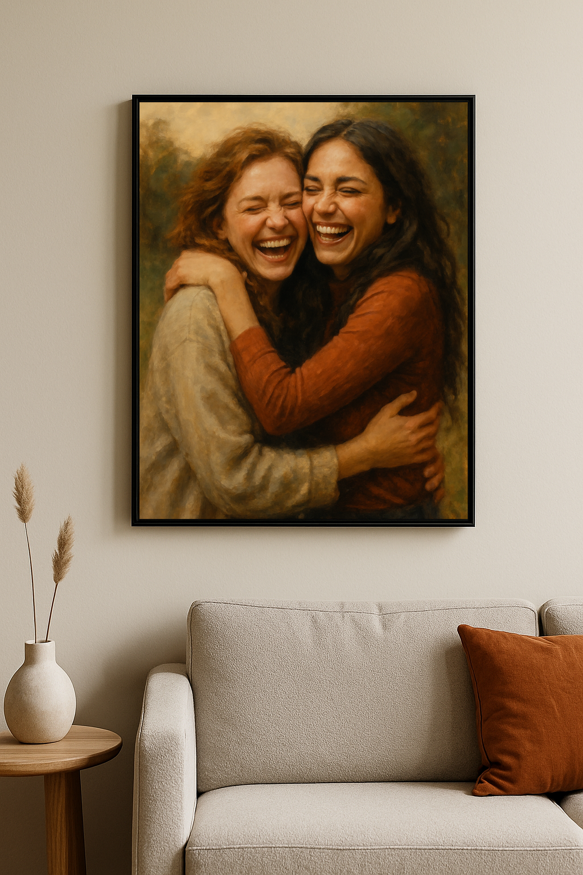 Soluk tonlarla çizilmiş, eski bir fotoğrafa bakan hüzünlü adamın betimlendiği tablo, modern bir salonda 50x70 cm boyutunda sergileniyor.