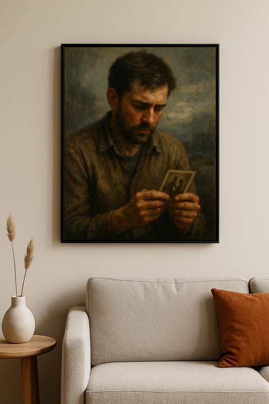 Eski bir fotoğrafa bakan, düşünceli bir adamın betimlendiği tablo