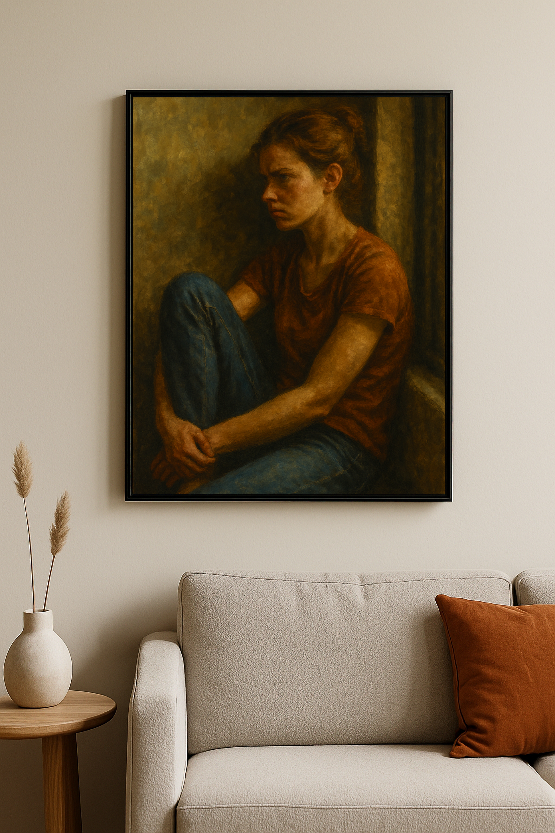 Duvarda oturan, içine kapanmış bir kadın figürlü çerçeveli tablo. İnsan ve Duygu koleksiyonundan “Sessiz Çöküş”.