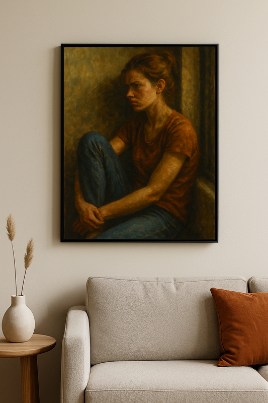 Duvarda oturan, içine kapanmış bir kadın figürlü çerçeveli tablo. İnsan ve Duygu koleksiyonundan “Sessiz Çöküş”.