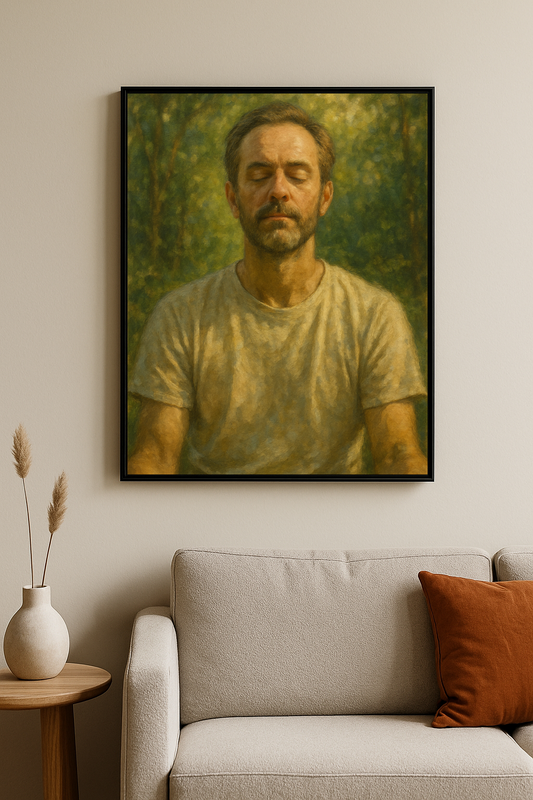 Doğanın içinde, gözleri kapalı şekilde oturan adamın yer aldığı, huzur temalı tablo 50x70 cm çerçeveli halde sergileniyor.