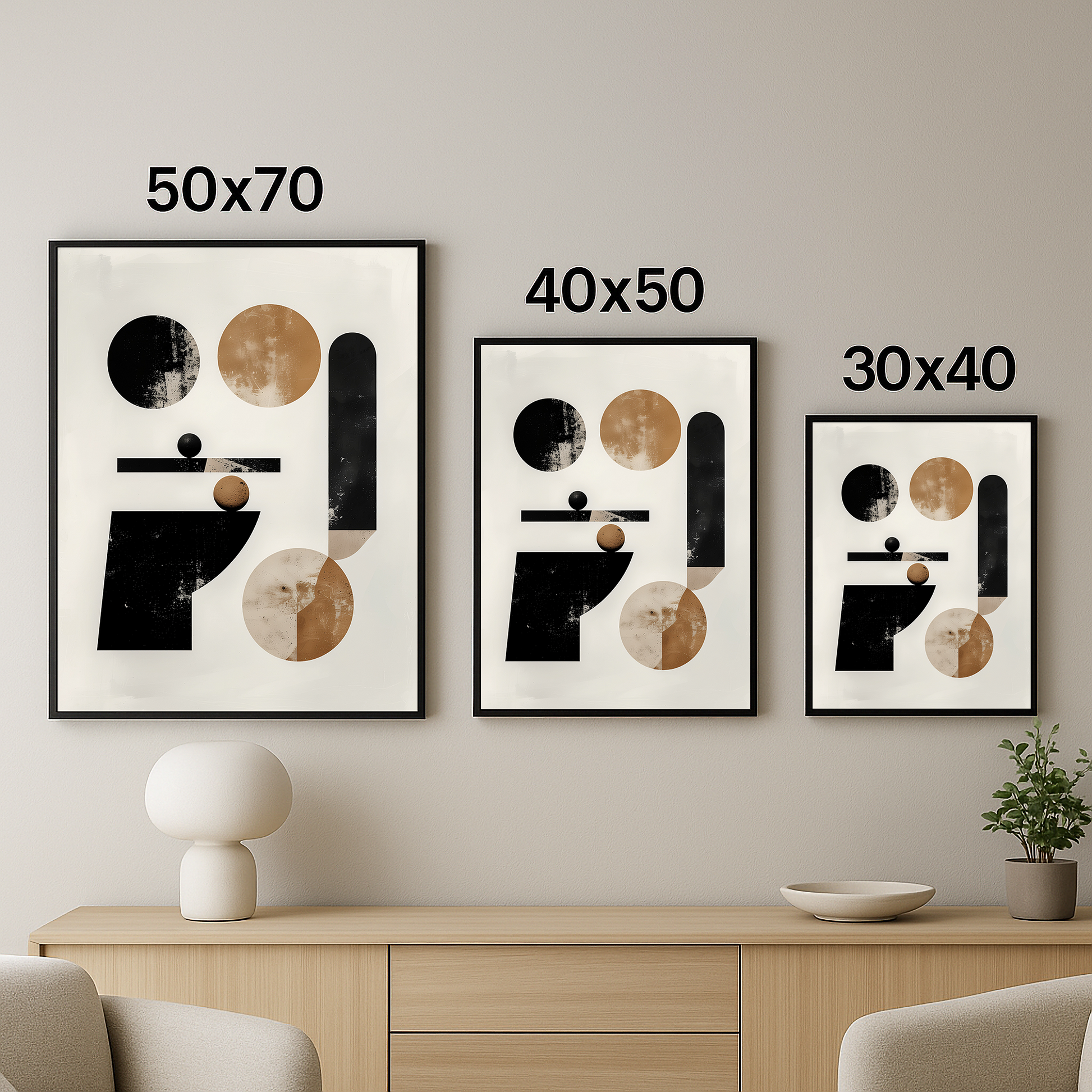 Aynı geometrik tasarımın 3 farklı boyutta (50x70, 40x50, 30x40) yan yana görünümü.