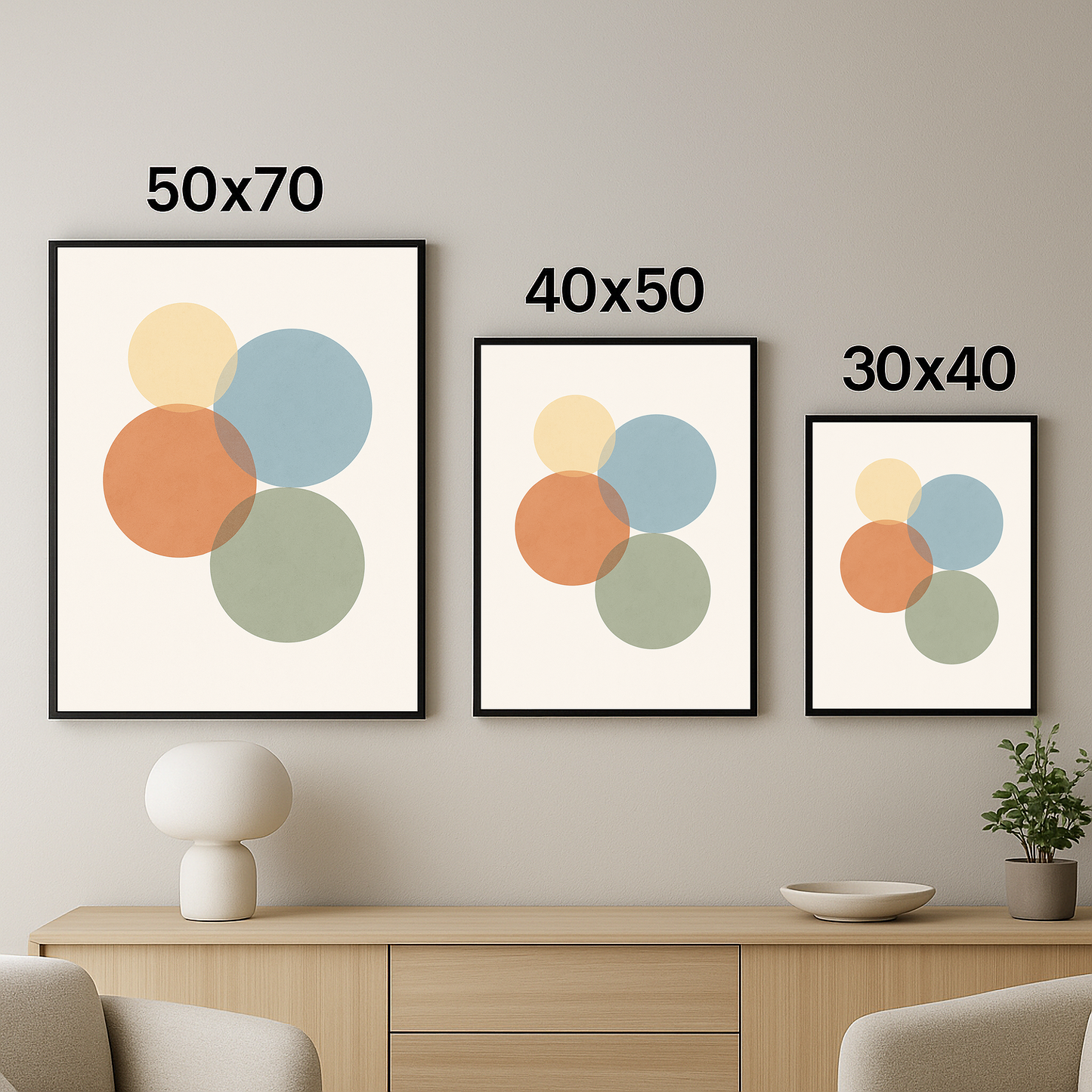 Üç farklı boyutta (50x70, 40x50, 30x40) sunulan, pastel renkli dairelerle tasarlanmış modern minimal tablo seti.