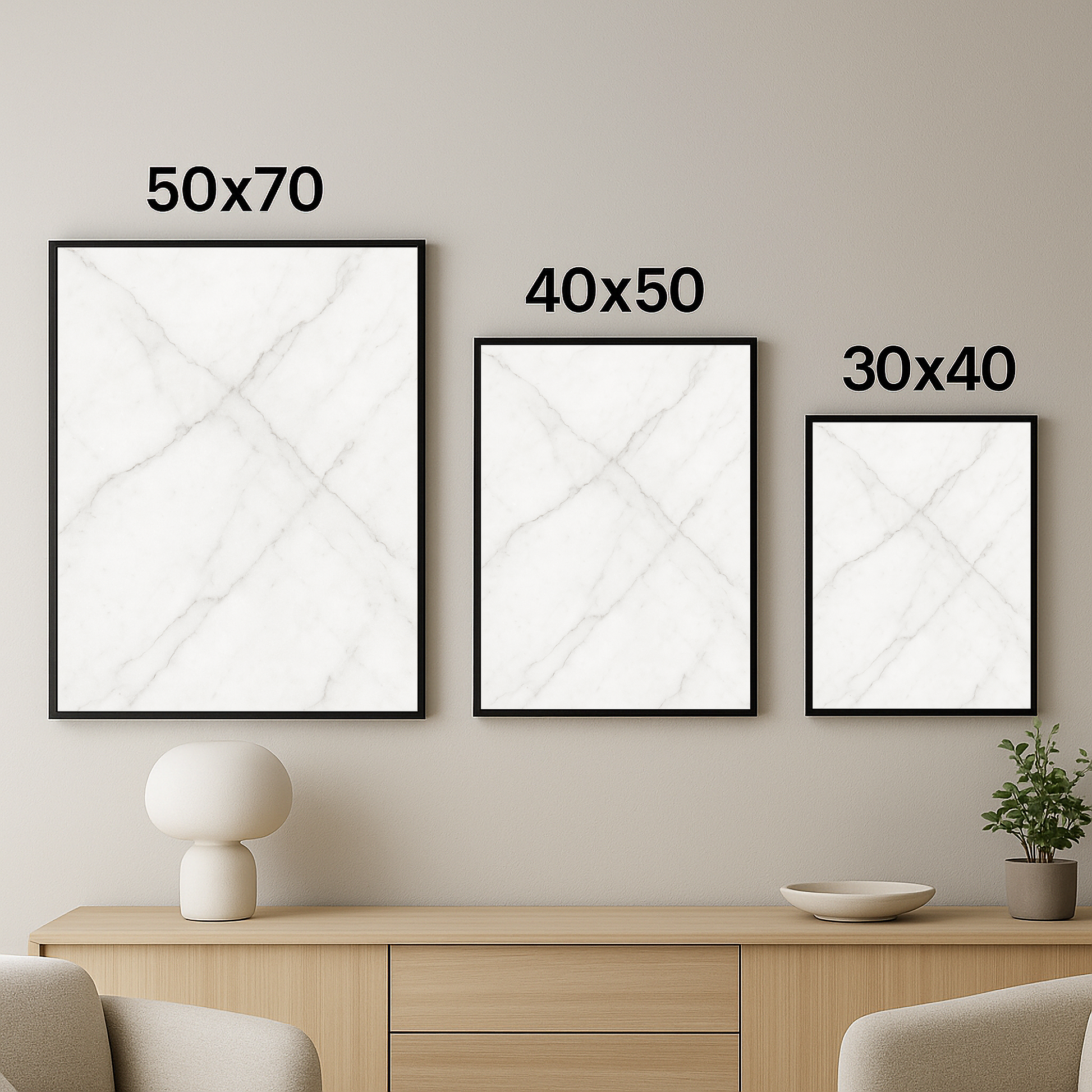 Mermer desenli modern tablo, 50x70 cm, 40x50 cm ve 30x40 cm boyutlarıyla duvara asılmış şekilde yan yana sergileniyor.