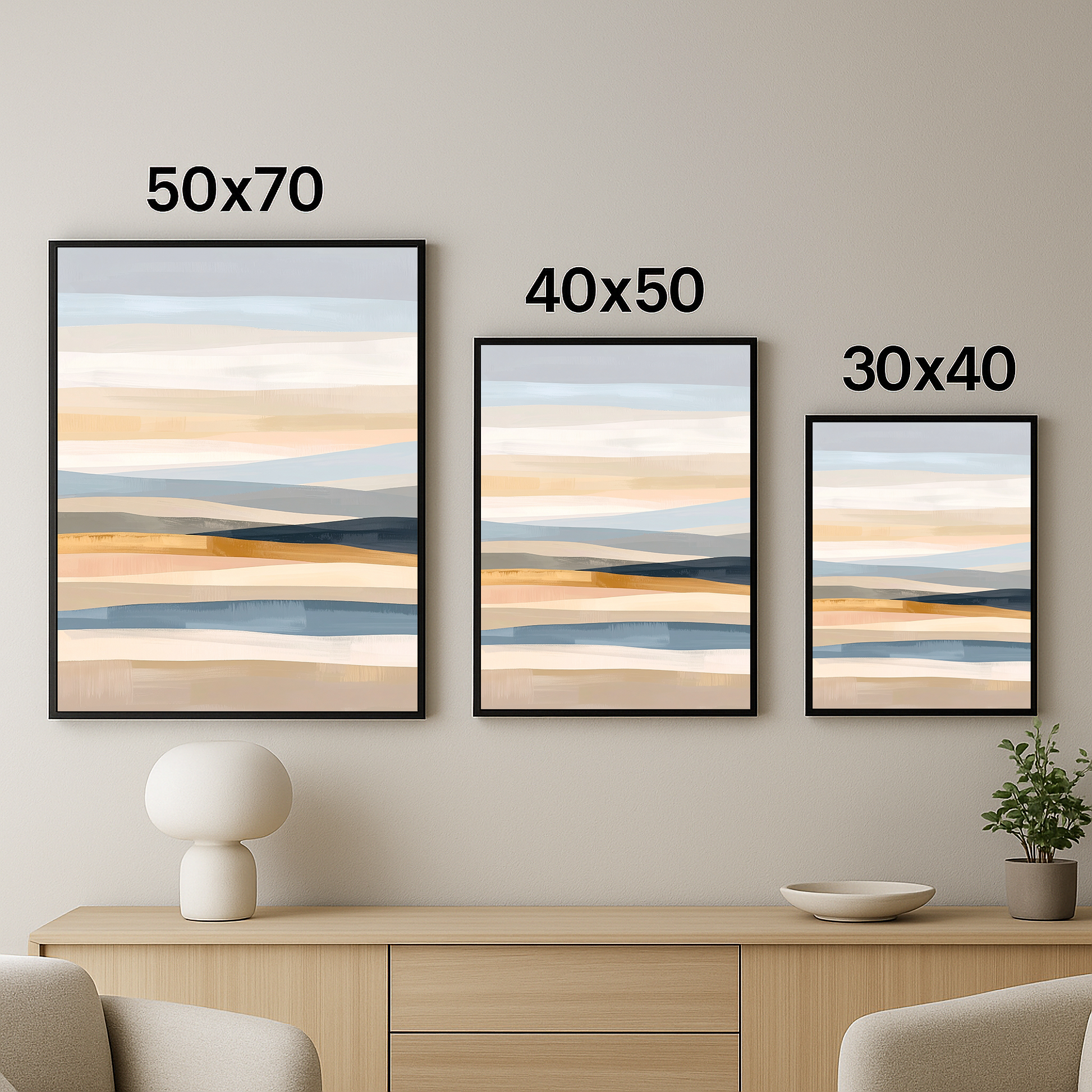 Aynı soyut tablo tasarımının 3 farklı boyutta (50x70, 40x50, 30x40) duvara yerleştirilmiş görünümü.