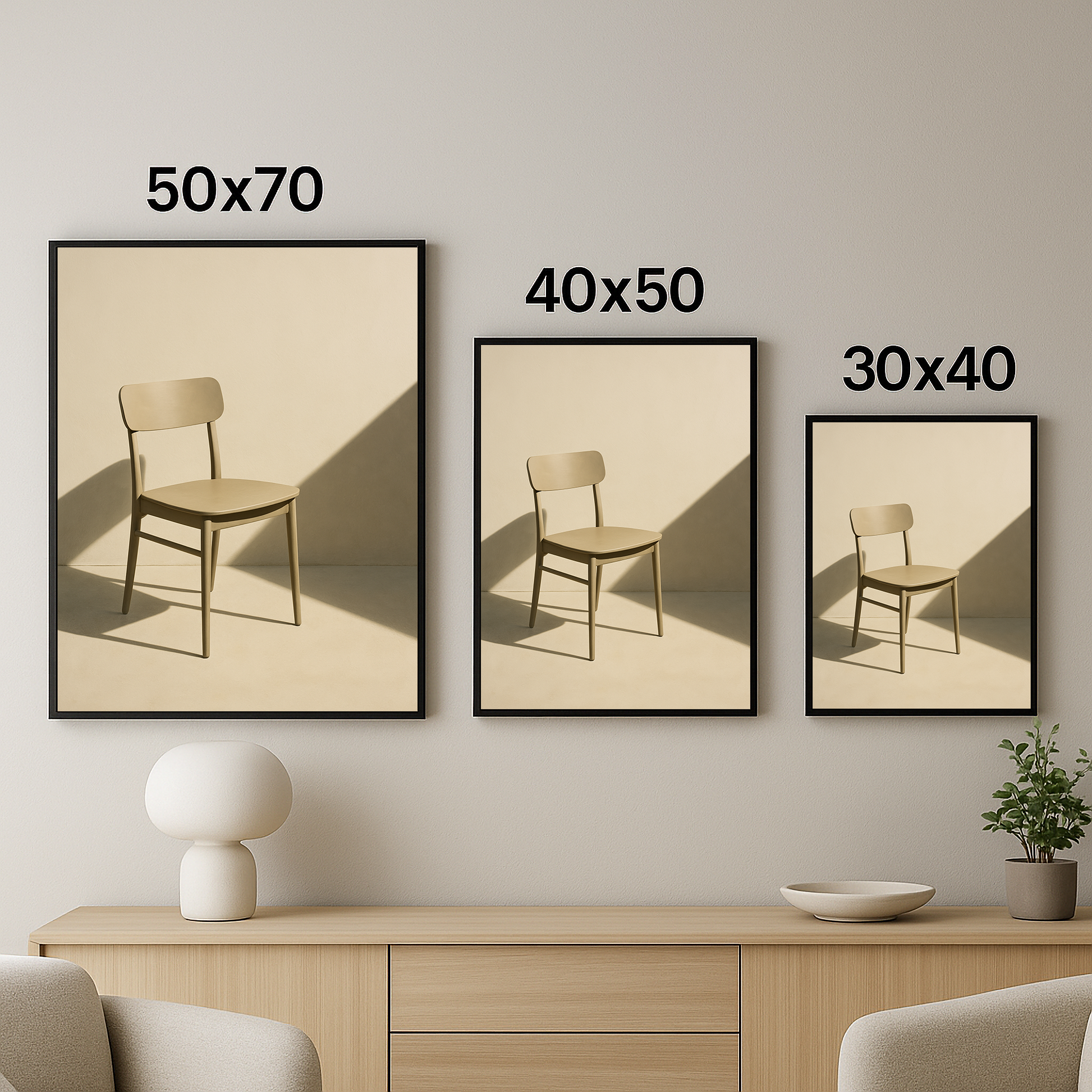 50x70, 40x50 ve 30x40 boyutlarında sunulan Sessizlikte Sandalye tablosu, sade kompozisyonuyla dikkat çekiyor.