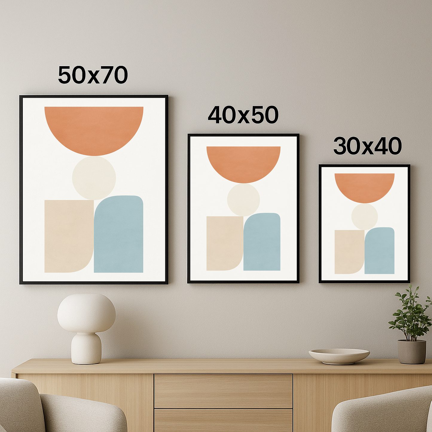 50x70, 40x50 ve 30x40 olmak üzere 3 farklı boyutta sunulan, pastel tonlu geometrik figürlü modern minimal tablo seti.