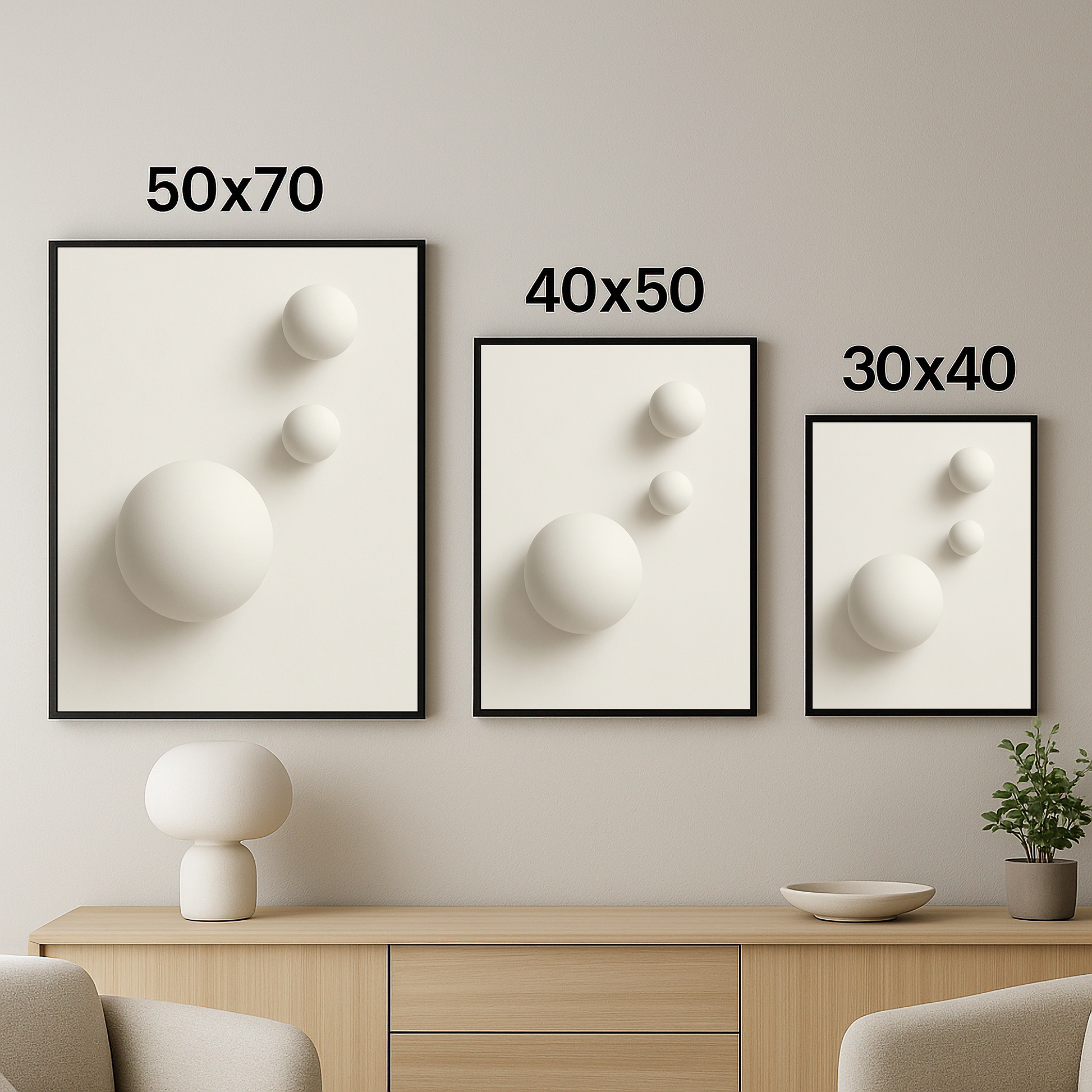 Üç farklı boyutta çerçevelenmiş “Dingin Formlar” tablosu; modern bir iç mekanda 50x70, 40x50 ve 30x40 olarak sergileniyor.
