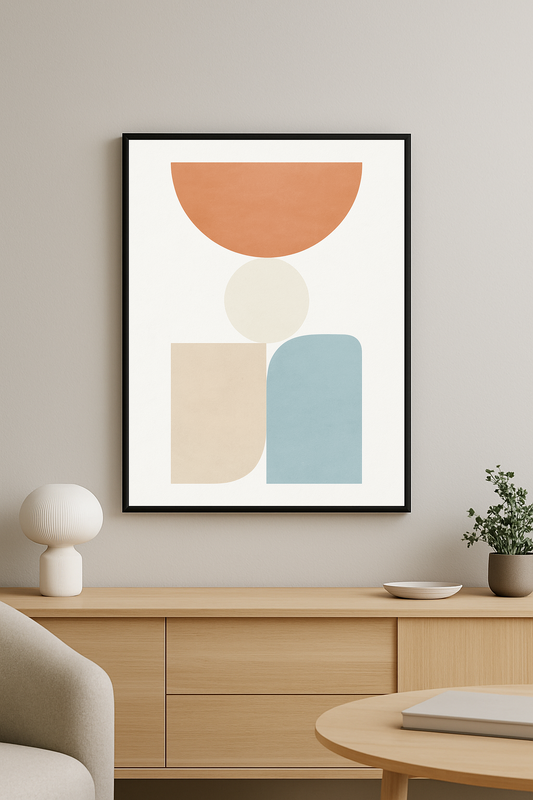 Modern minimalist dekorasyon stiline uygun, pastel tonlarda geometrik formların yer aldığı dikey tablo.
