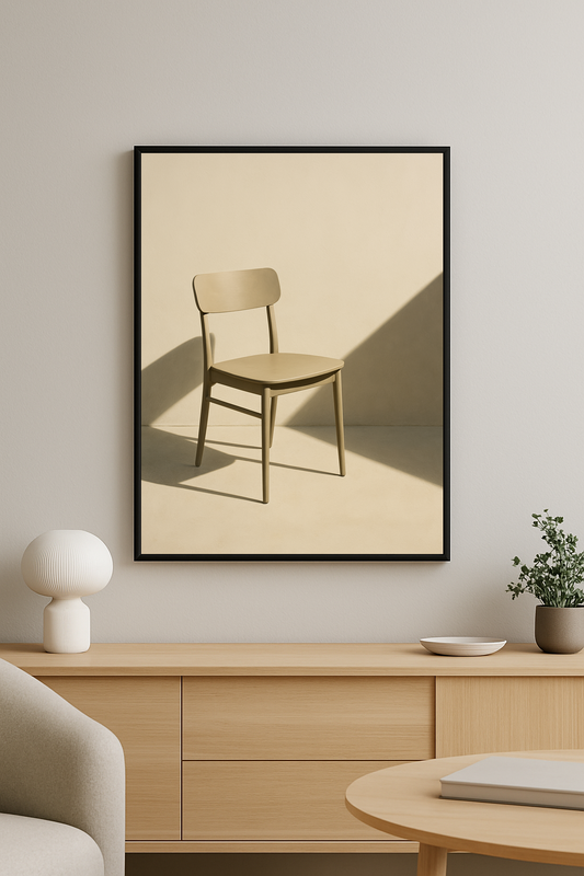 Tek başına duran bir sandalyeyi konu alan, sade ve modern minimal bir tablo.