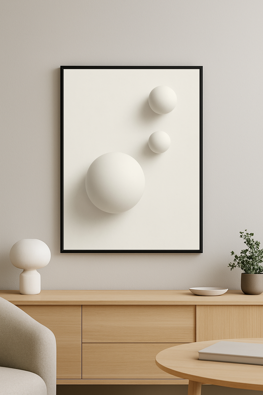 Modern tarza sahip, 3 boyutlu beyaz kürelerden oluşan minimalist tablo, sade bir ortamda duvara asılı.