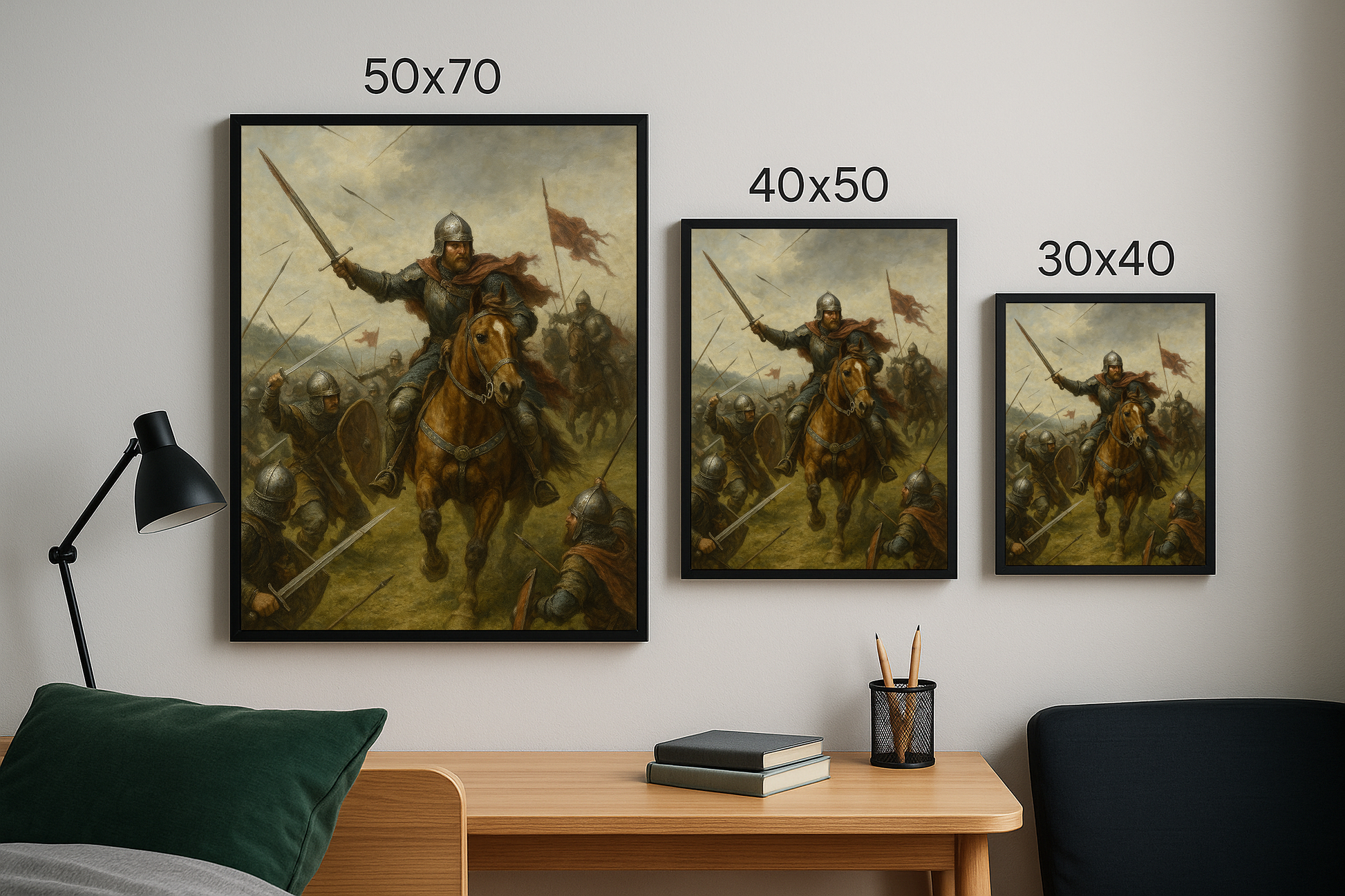 Orta Çağ savaş sahnesini içeren tablonun 50x70, 40x50 ve 30x40 olmak üzere üç farklı boyutu bir arada sunulmuş. Her boyutta, kılıçlı süvari ve arkasındaki askerler detaylı şekilde görülüyor. Duvar dekorasyonu fikirleri için ideal bir sunum.
