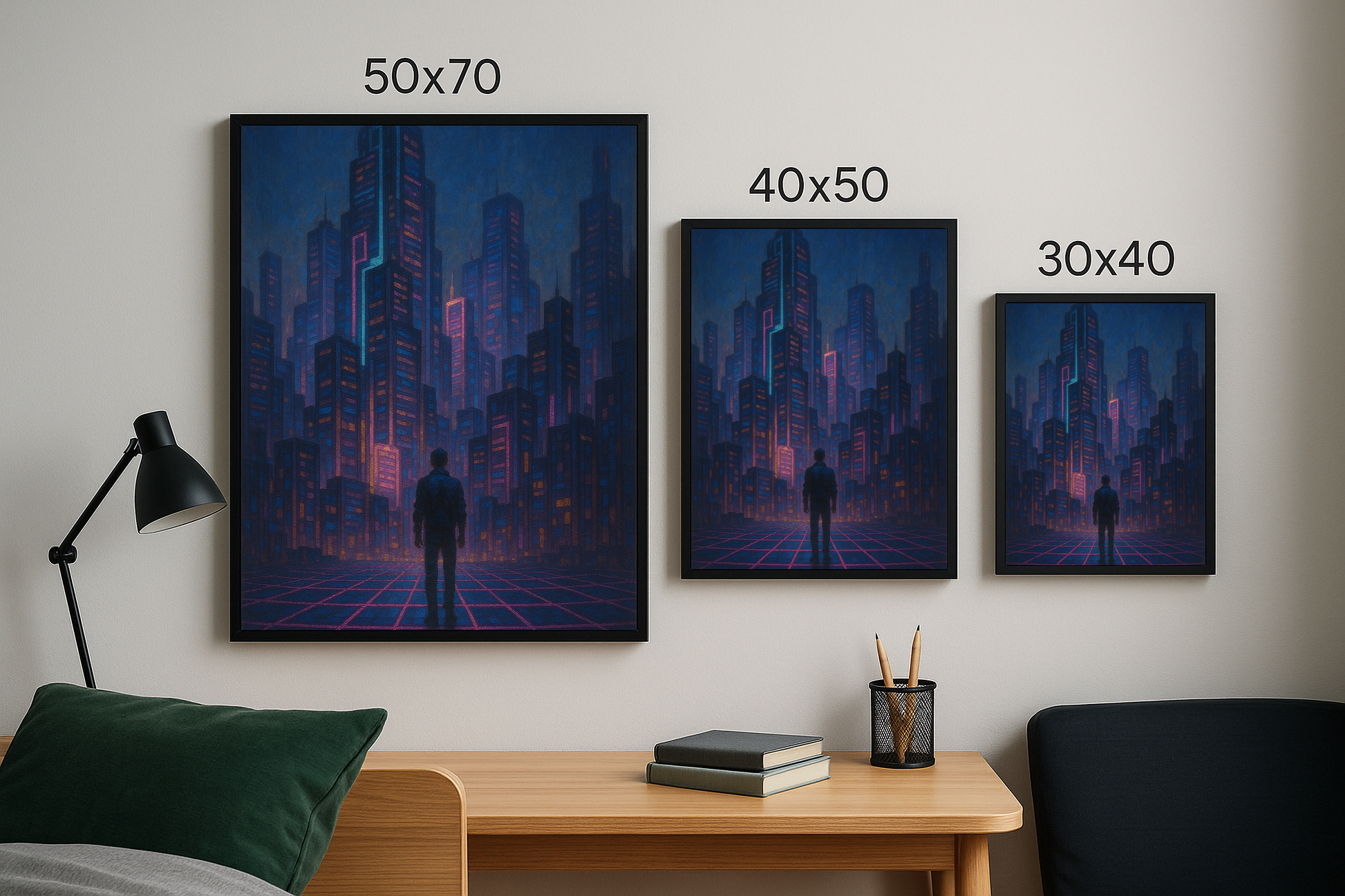  “Gökdelenler Arasında” tablosunun 50x70, 40x50 ve 30x40 boyutlarındaki versiyonları duvarda bir arada sergilenmiş halde.