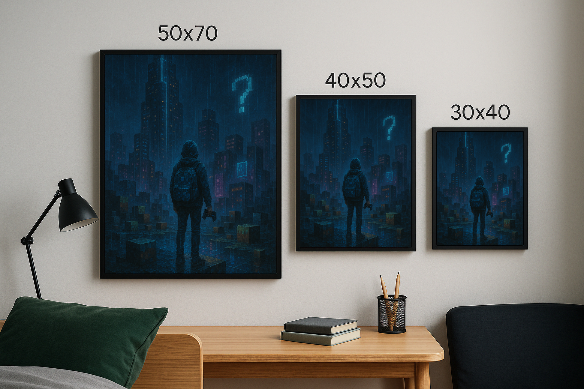 50x70, 40x50 ve 30x40 boyutlarındaki “Piksel Şehirde Bir Yabancı” tablosu; karanlık piksel şehirde yağmur altında duran bir karakteri, dijital kuleleri ve mavi soru işaretini gösteriyor. Duvara asılmış üç farklı tablo boyutu birlikte sunuluyor.
